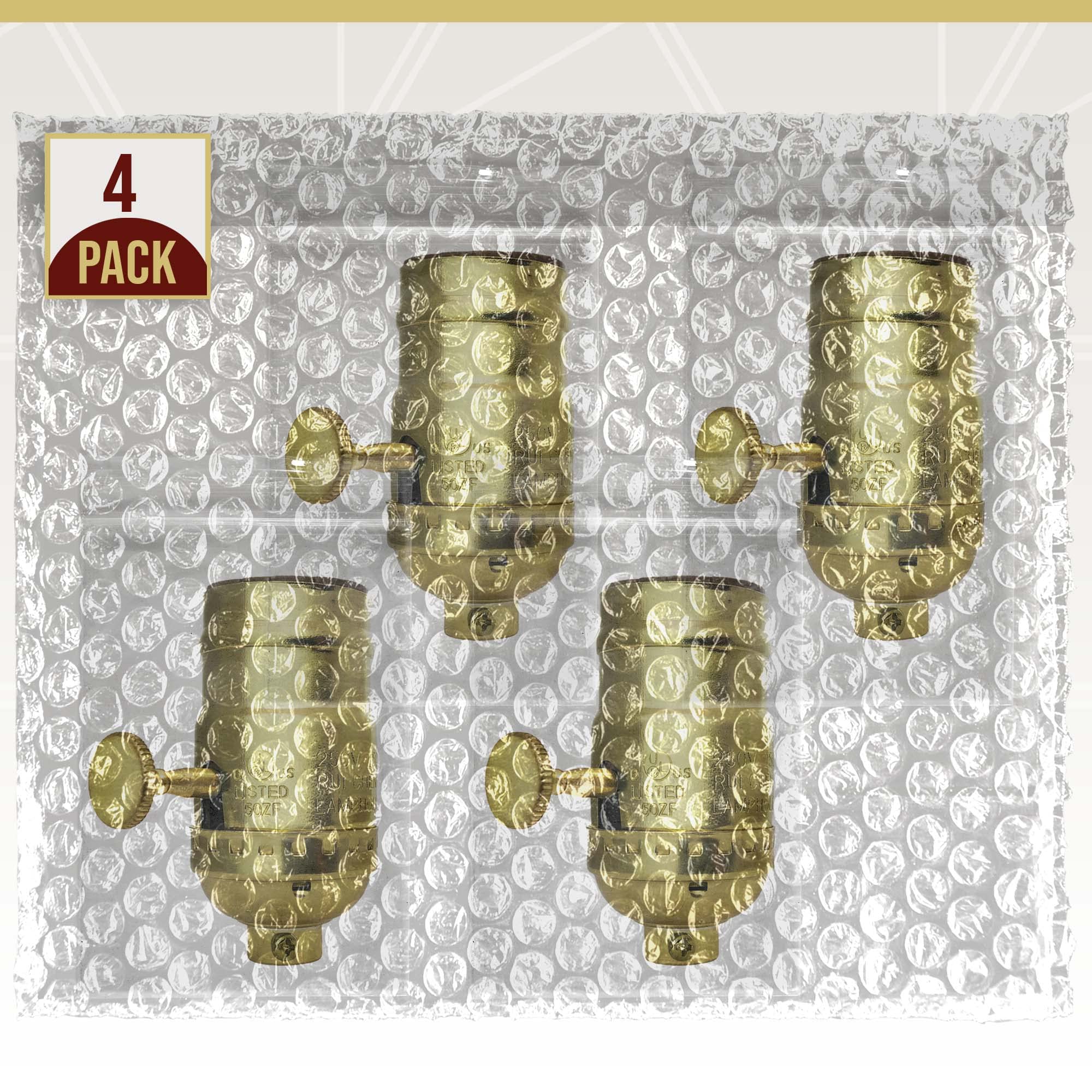 Royal Designs, Inc. 3 Way Lamp Socket for Incandescent or LED Bulbs, Metal Knob, Polished Brass Finish, Set of 4