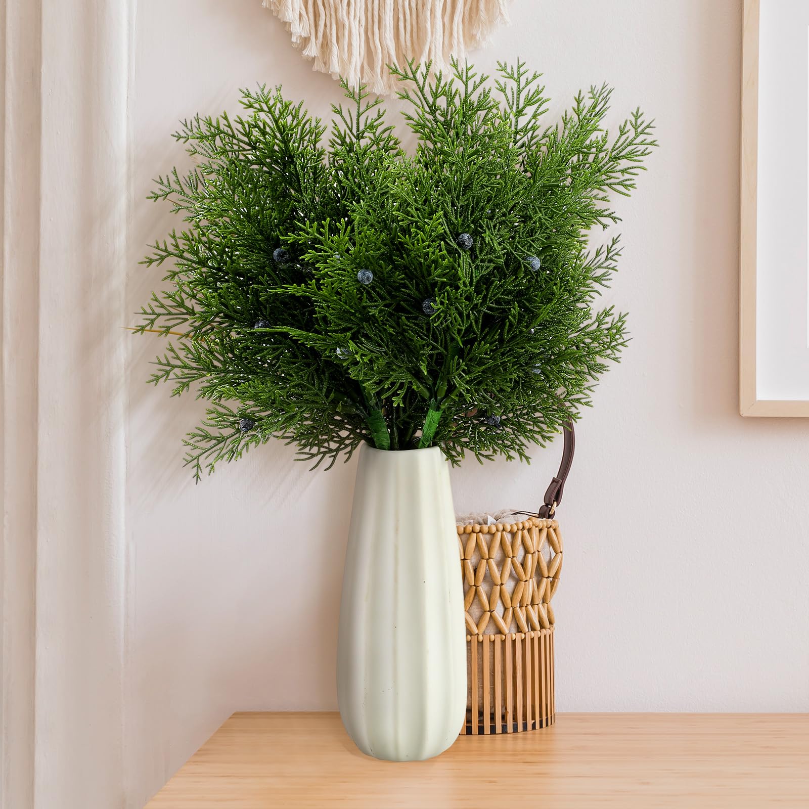 Jutom 24 Pack 15 in Artificial Juniper Cedar Sprays with Berries Christmas Snow Artificial Pine Branches Faux Cedar Sprig Picks Fake Cedar Twig Stems Christmas Winter Greenery Picks for Christmas DIY