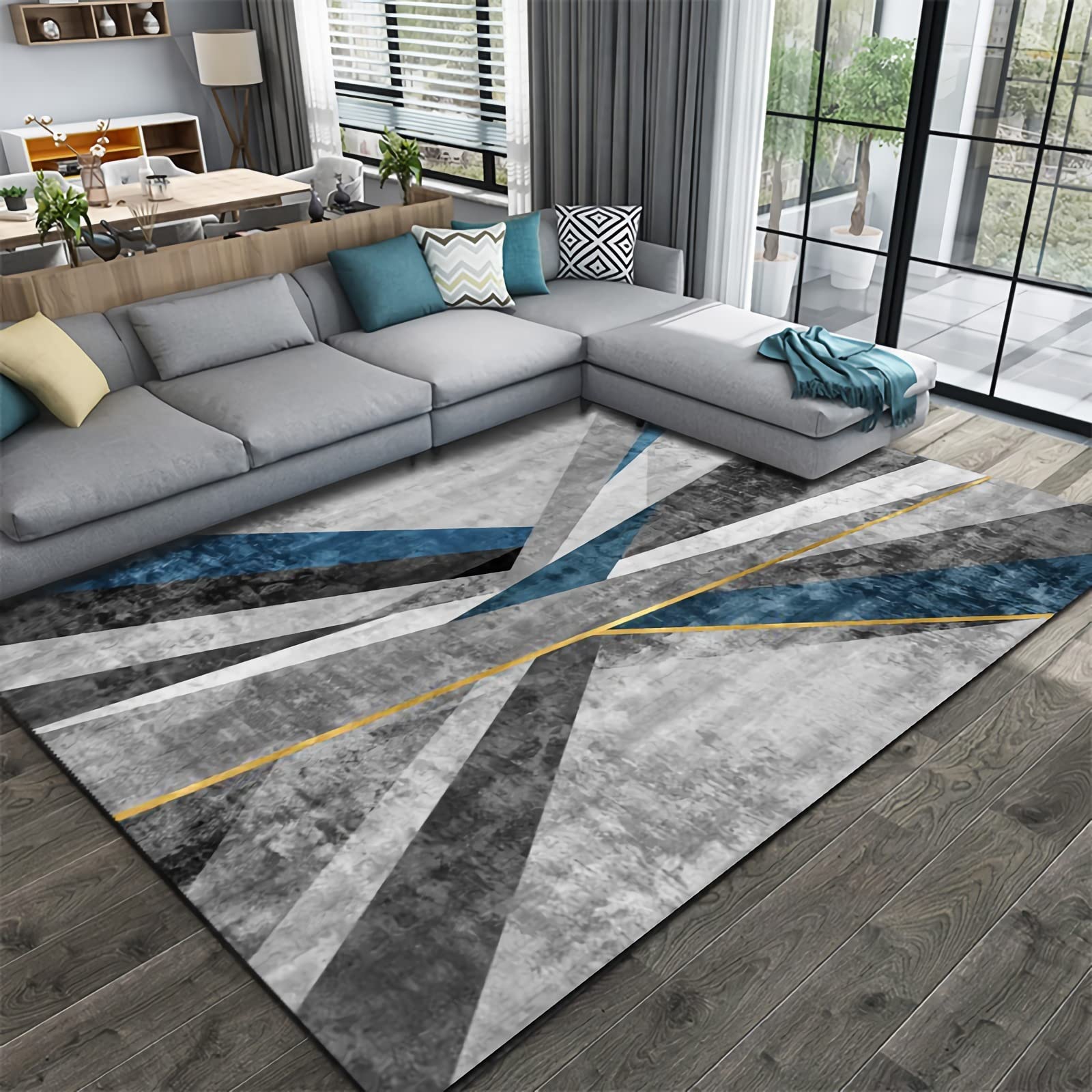 Teppich dekokamin,Waschbarer Teppich Mit Schwarz-grau-blauem, Gestreiftem Tintendesign waschbarer Teppich kinderzimmer,Flur 140x200cm