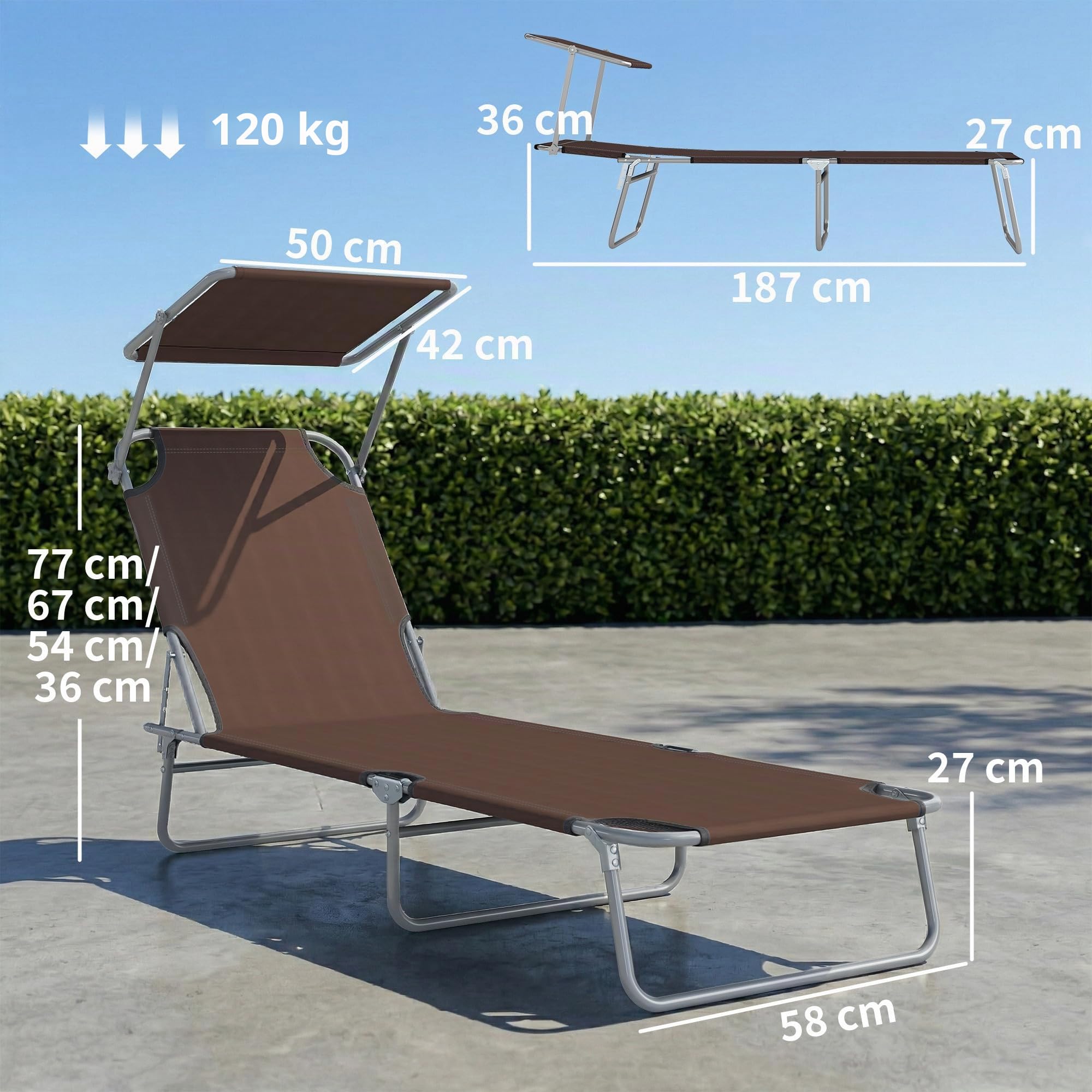 Outsunny Lettino Prendisole da Giardino Pieghevole Regolabile Marrone | con Tettuccio, Schienale Regolabile, Sdraio da Giardino, Tessuto Oxford e Metallo, per Spiaggia, Piscina, 187x58x36 cm