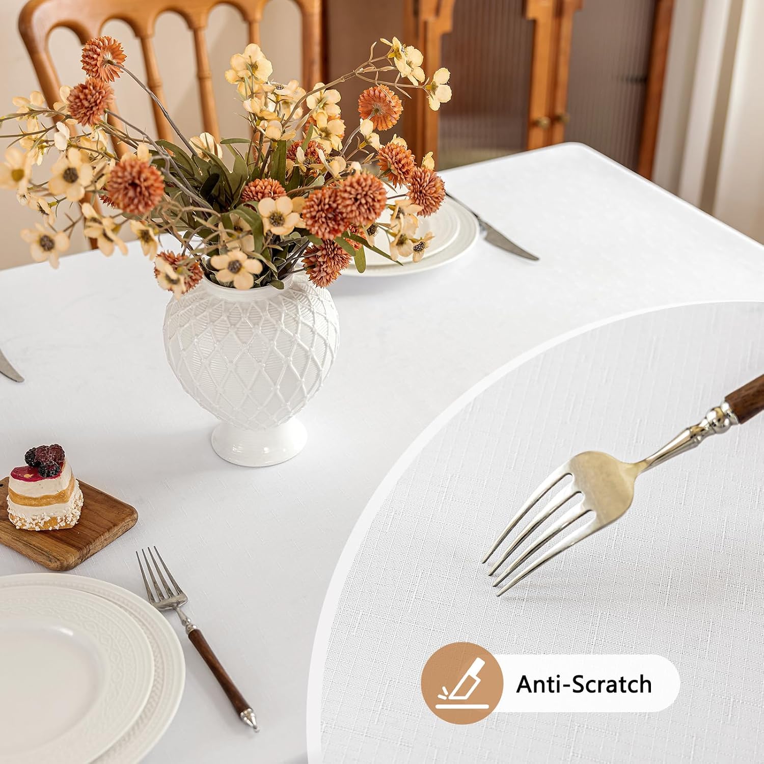 Seenus Textured Fabric White Table Cloth for 8-10 Seats Rectangle Table, Stain & Water Resistant Rectangular Tablecloth Easy Clean for Dining Kitchen Wedding, 60 x 102 Inch image 4