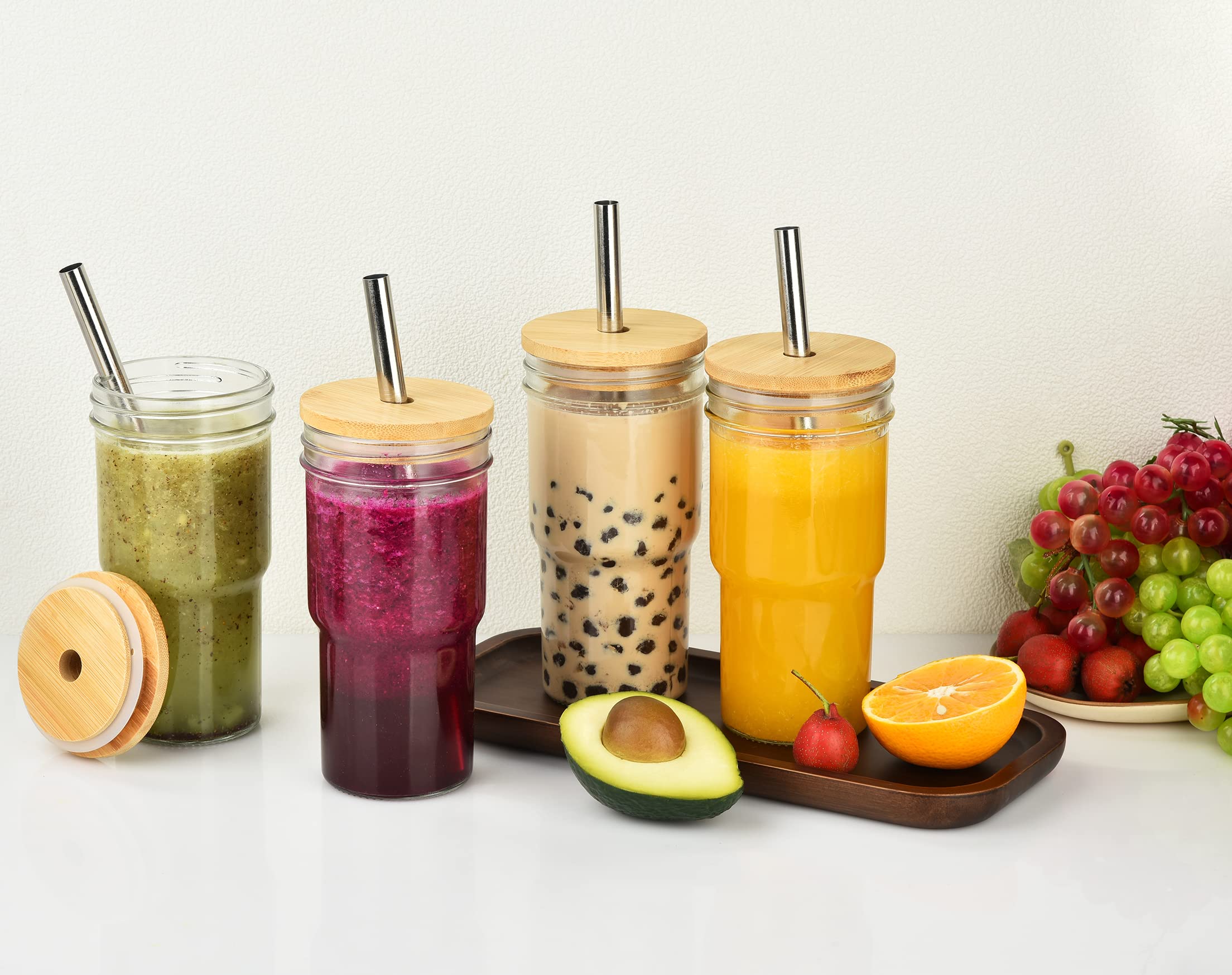 ALINK Lot de 4 tasses à thé à bulles réutilisables, à large ouverture de 650 ml, tasse à café glacé, smoothie, gobelet avec couvercle et paille, gobelet Mason Jar