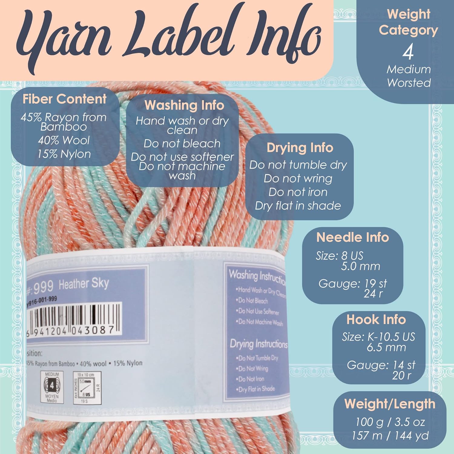 JubileeYarn Soft and Slim Worsted Yarn - 100g/Skein Bamboo Rayon Wool Blend - Mint Dark Chocolate - 4 Skeins