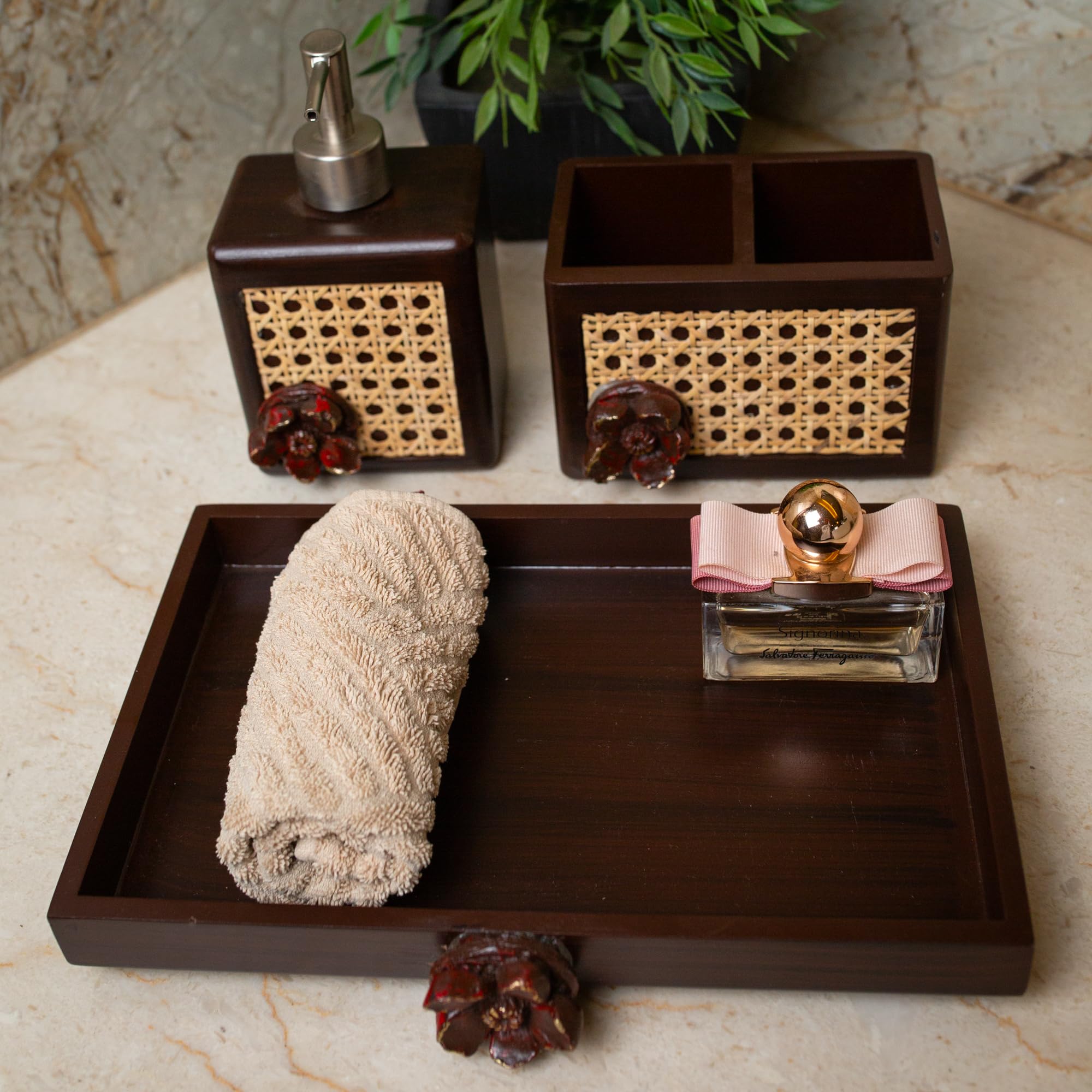 Black Inlay Mirror Wooden Bathroom Accessories Set | Liquid Soap Dispenser & Toothbrush Holder Set with Tray | Gift Accessory for Home (Brown Rattan, Set of 3 Pices)