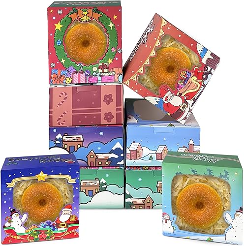 Bakepacker Cajas de panadería de Navidad con ventana de 4 x 4 x 2.5 pulgadas, cajas de repostería de tamaño pequeño, mini cajas de galletas para