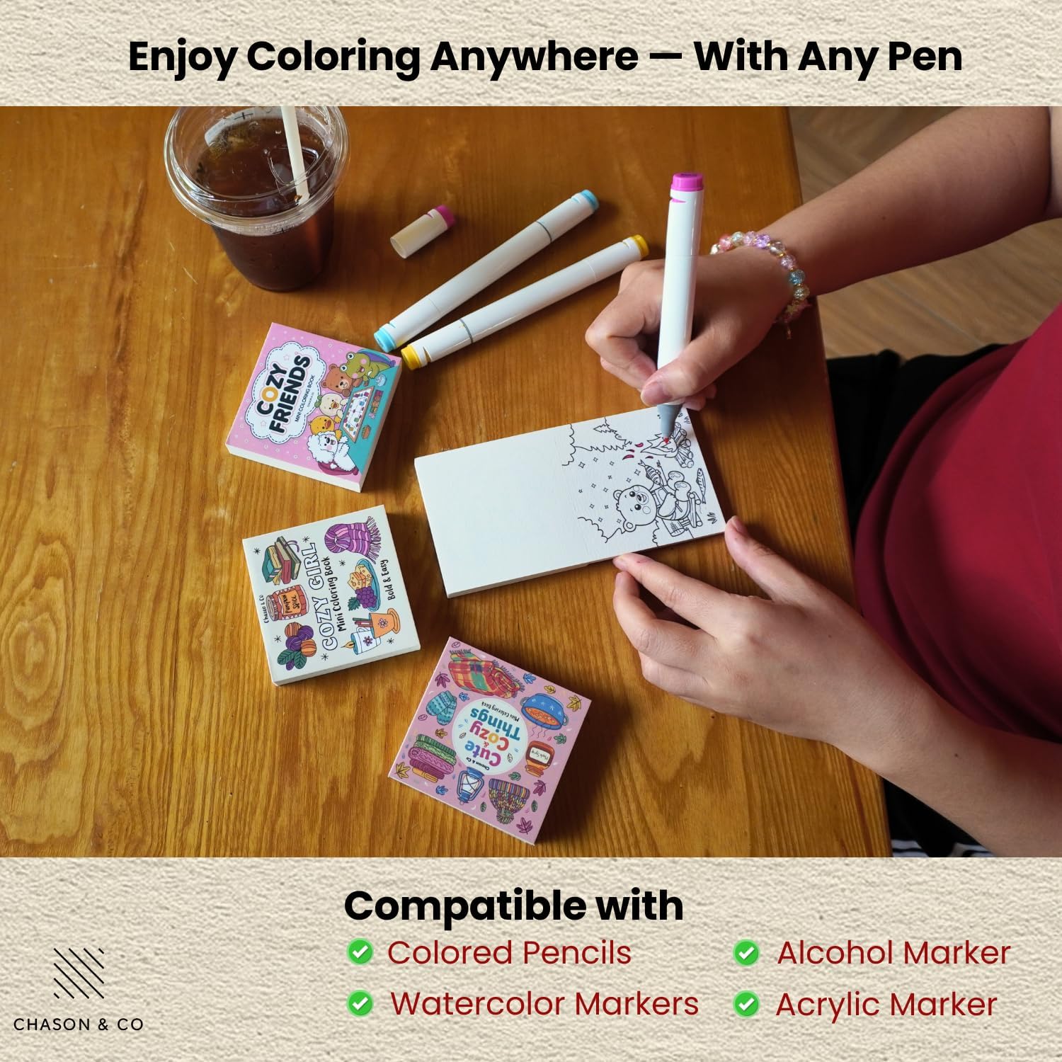 Chason & Co Mini Coloring Book Adult Bulk | Textured Art Paper with Thick 180GSM Pages | Small Coloring Books for Adults | Bold and Easy Art | 50 Designs x 3 Pack Travel Size (Cozy)