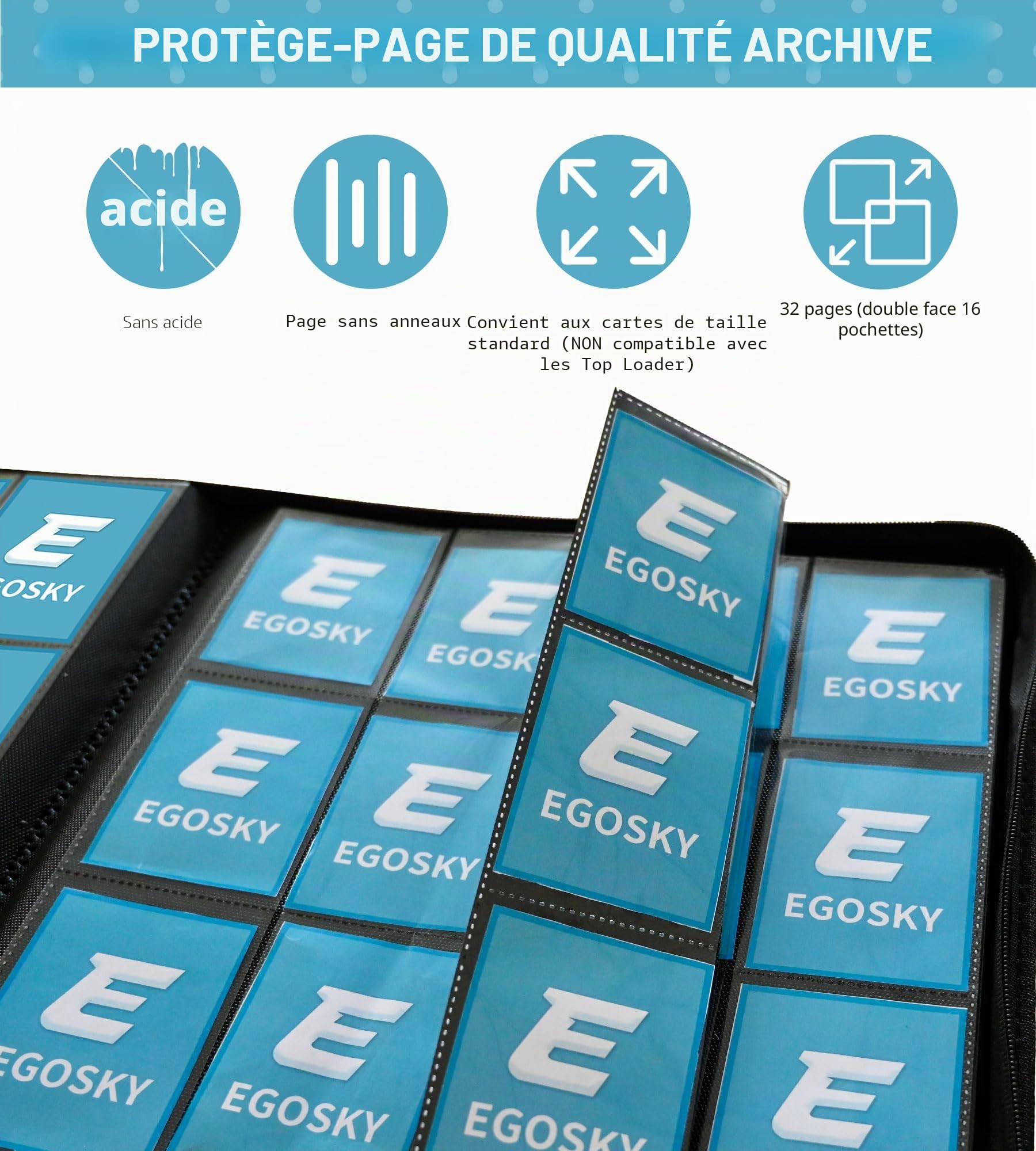 EGOSKY Album de cartes à collectionner 16 poches, classeur pour 1000 cartes, grandes cartes à collectionner avec poches de chargement latérales sécurisées pour MTG, TCG, YuGiOh, cartes de sport (cyan)