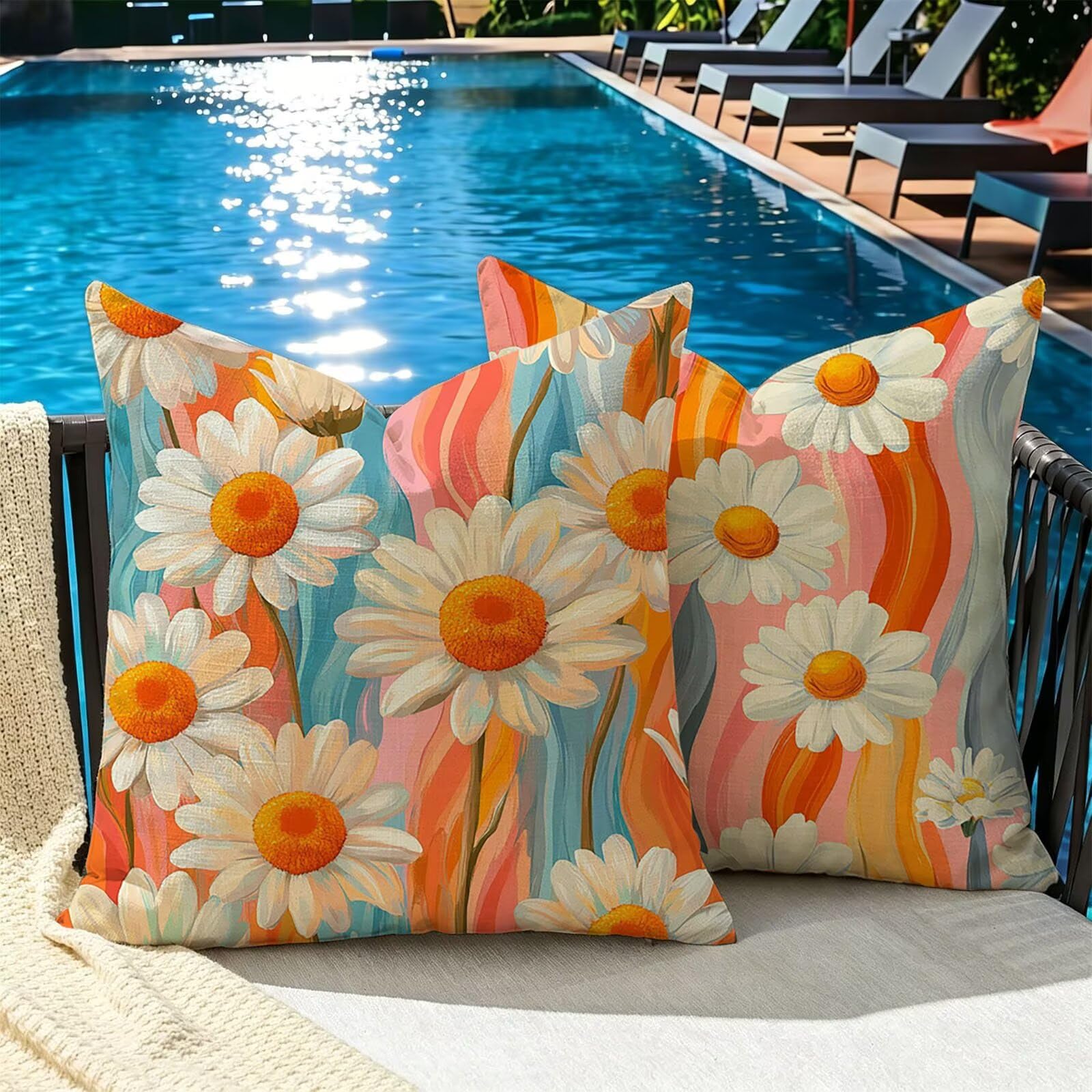 Kissenbezug 65x65cm Outdoor Kissen 2er Set Gänseblümchen orange Farbe Samt