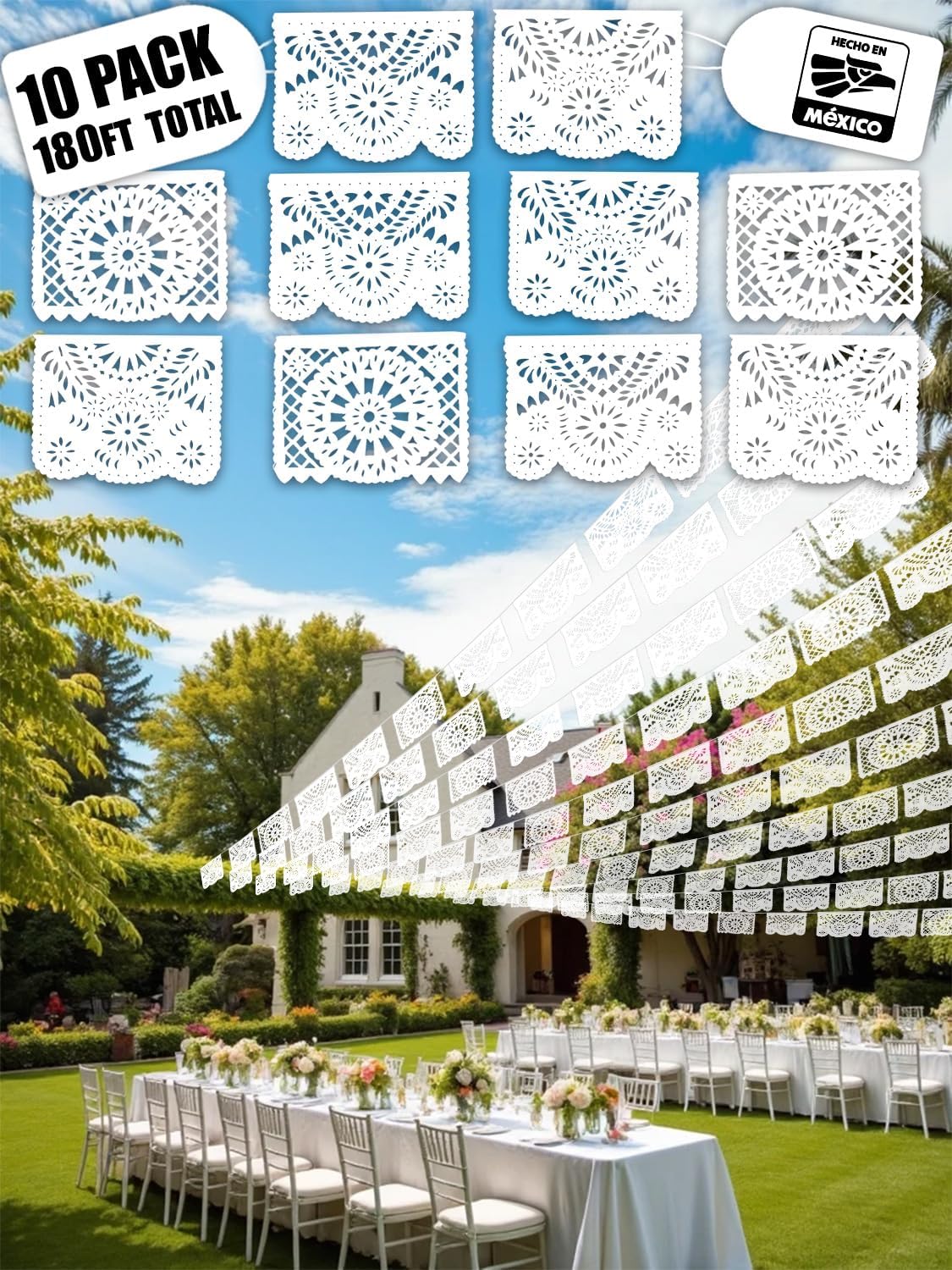 10 Pack White Papel Picado Banner 180 Ft (18 Ft x 10), 100% Made in Mexico, Papel Picado Blanco, White Mexican banner, for Parties, Wedding, Baby Shower, Bautizos, Bodas, Birthdays | 10 Plastic Flags per Banner |