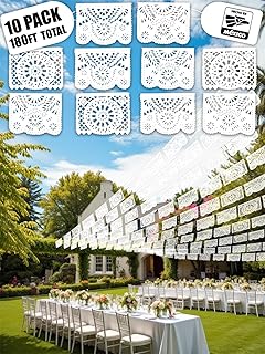10 Pack White Papel Picado Banner 180 Ft (18 Ft x 10), 100% Made in Mexico, Papel Picado Blanco, White Mexican banner, for Parties, Wedding, Baby Shower, Bautizos, Bodas, Birthdays | 10 Plastic Flags per Banner |