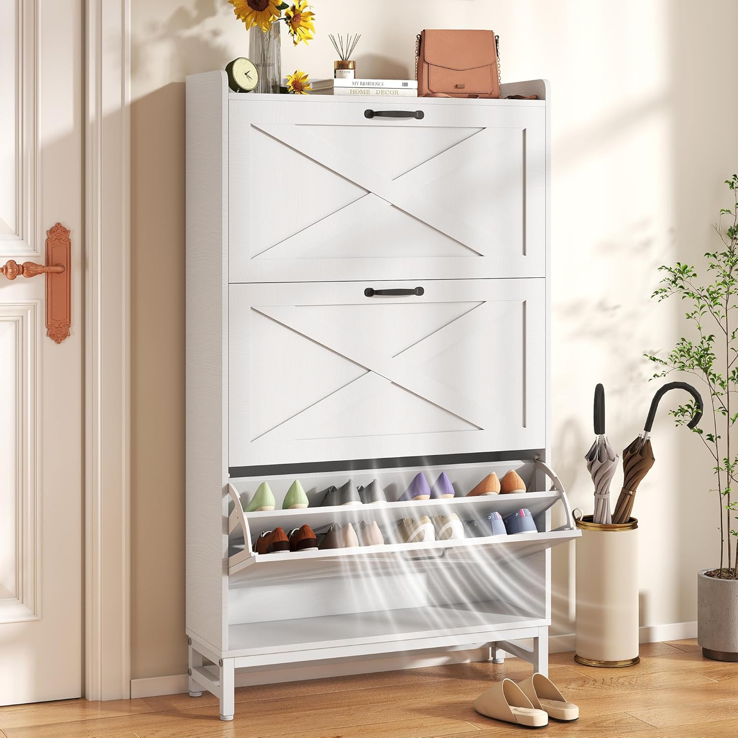 Hawthyhome Tall Shoe Cabinet with 2 Flip Drawers, Slim Hallway Shoe Storage for 12-16 Pairs, Modern Shoe Cupboard with Adjustable Shelves, Metal Handles Legs, 80x24x138cm, White