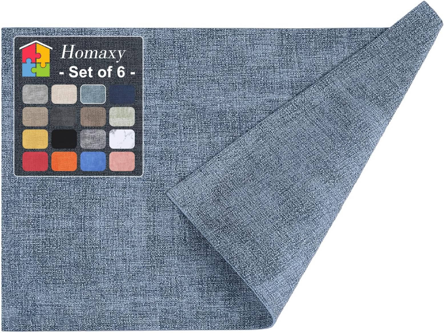 Homaxy Faux Leather Heat Resistant Placemats for Dining Table Set of 6, Waterproof Wipeable Washable PU Table Mats, Easy to Clean Anti-Slip Place Mats, 11.8" x 17", Blue