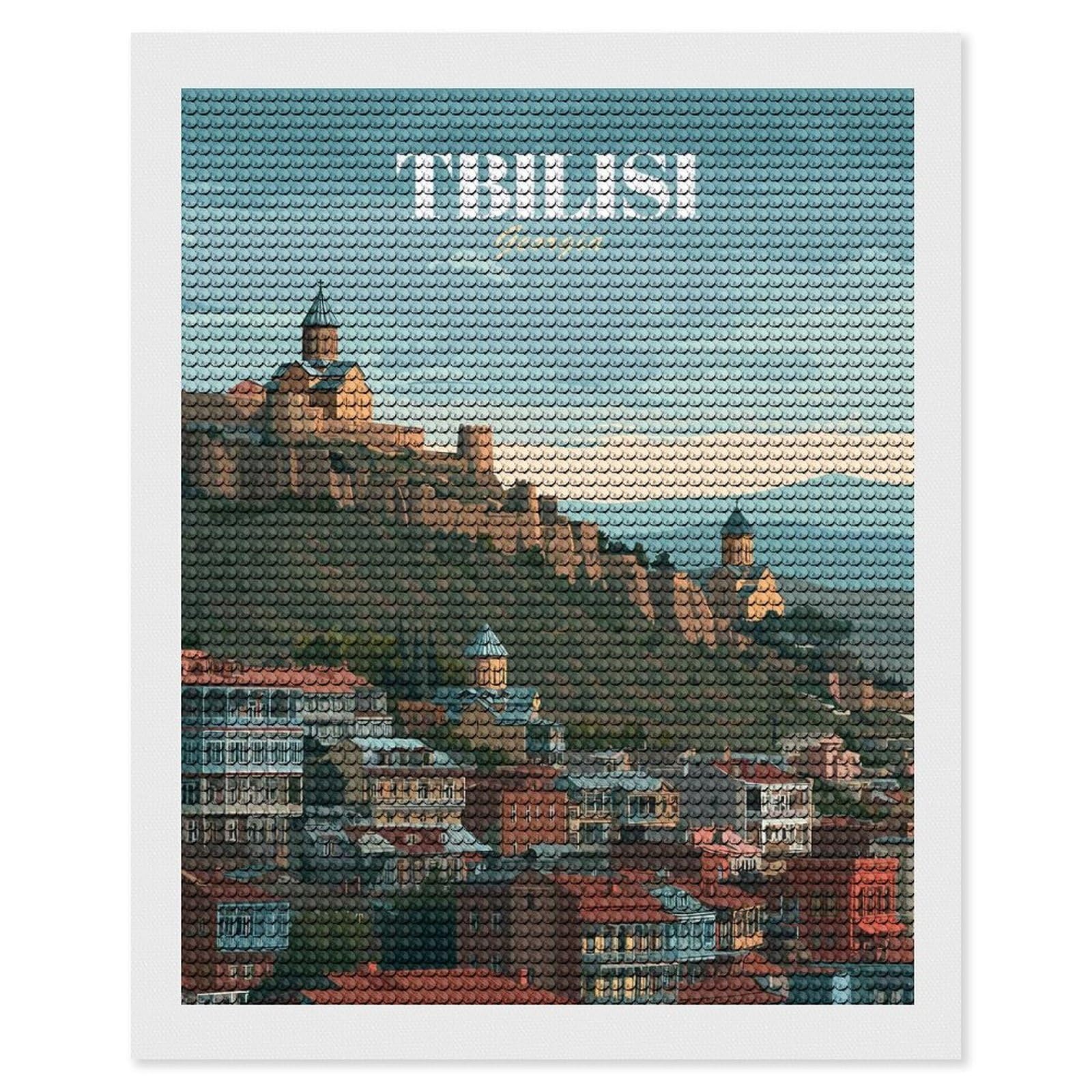 Junmoney Tbilisi, Georgia Cityscape Illustration(2) Diamond Art Kit 16"x20", Holiday Gift Idea, for Women, Easy Handmade Project, Vintage Style Decor, Printed Canvas