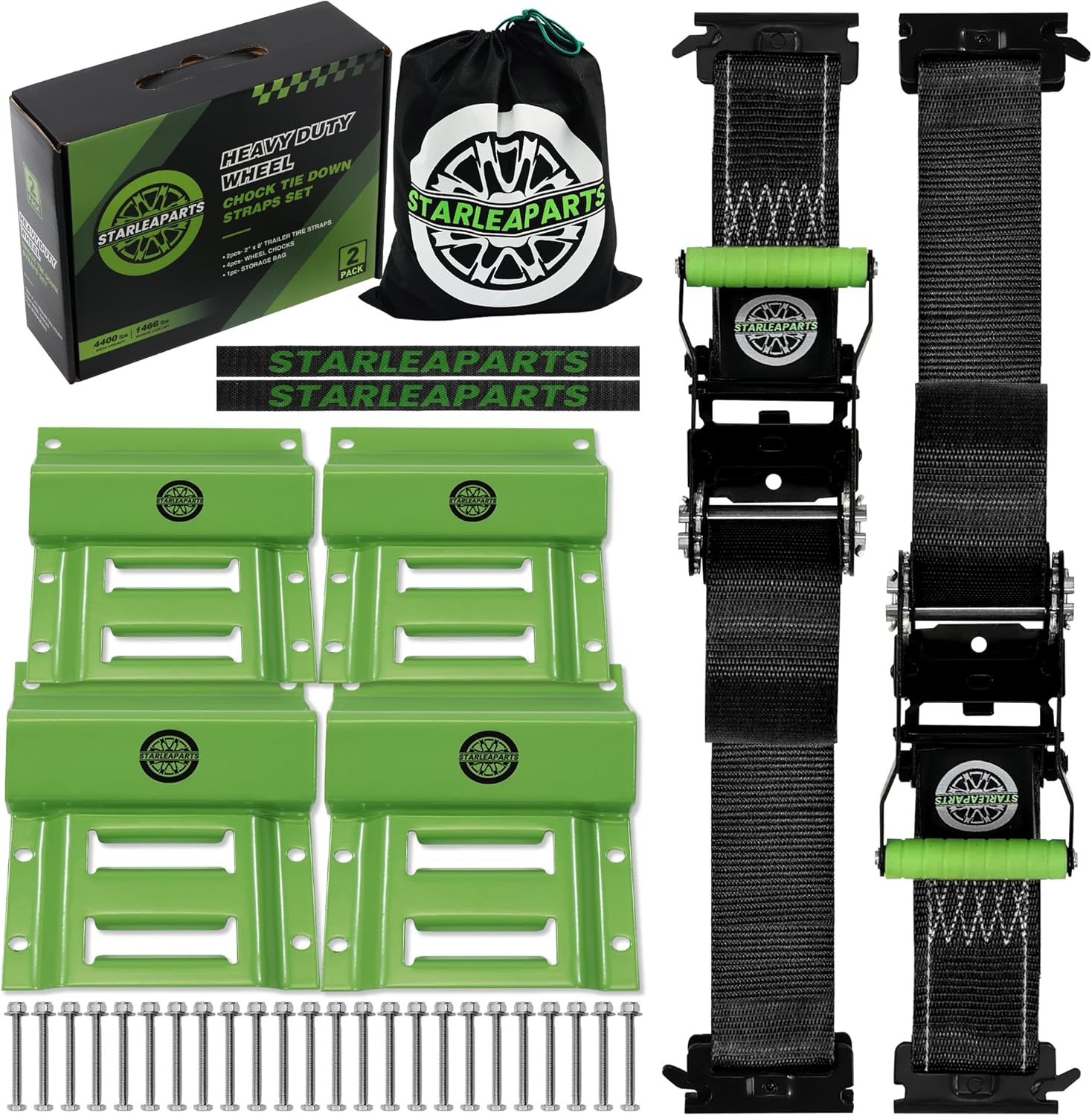 heavy duty wheel chock tie down straps set (2pk) - 4,400lb guaranteed max break strength, (2) 2" x 8' trailer tire straps with (4) wheel chocks for atv, utv or tractors