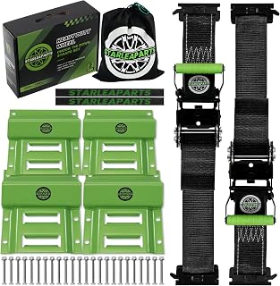 Heavy Duty Wheel Chock Tie Down Straps Set (2PK) - 4,400lb Guaranteed Max Break Strength, (2) 2" x 8' Trailer Tire Straps with (4) Wheel Chocks for ATV, UTV or Tractors