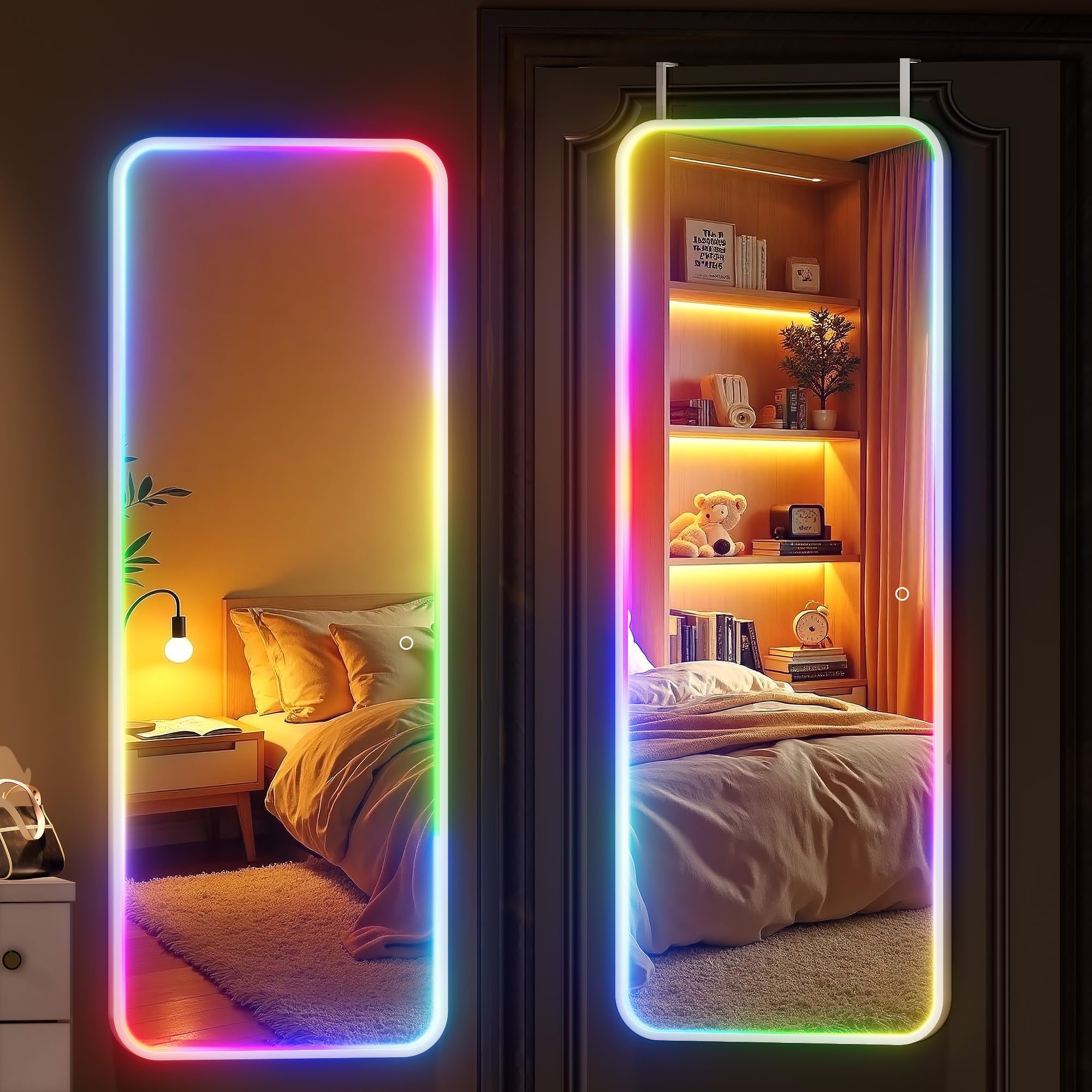 Hasipu 43"x15.7" LED RGB Door Mirror Full Length, Full Body Full Length Over The Door Mirror with Lights, Door Hanging &amp; Wall Mounted Mirror for Bedroom, Living Room, Cloakroom