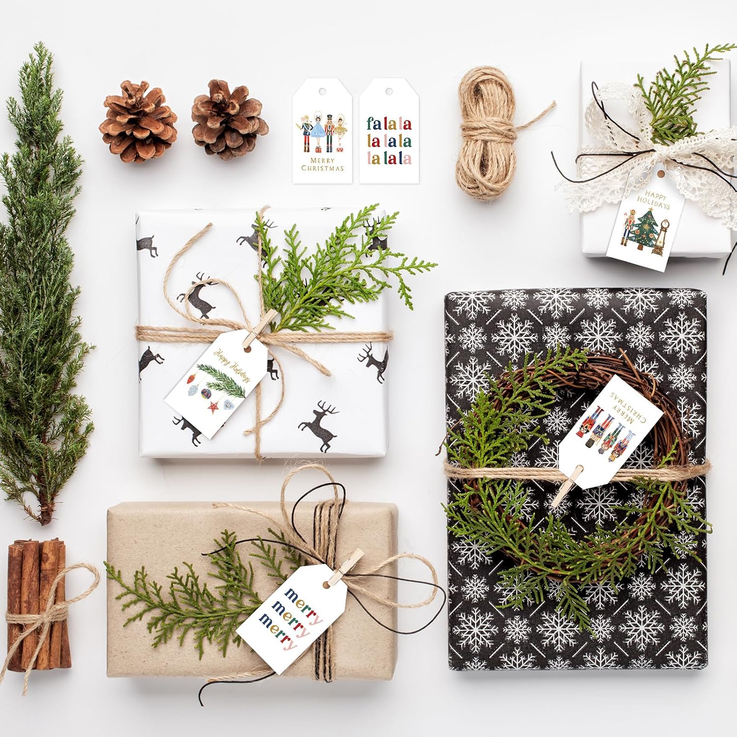 Whaline 90Pcs Nutcracker Paper Gift Tags Merry Christmas Watercolor Nutcracker Hanging Labels with Hemp Rope for Xmas Holiday Present DIY Crafts, 6 Designs