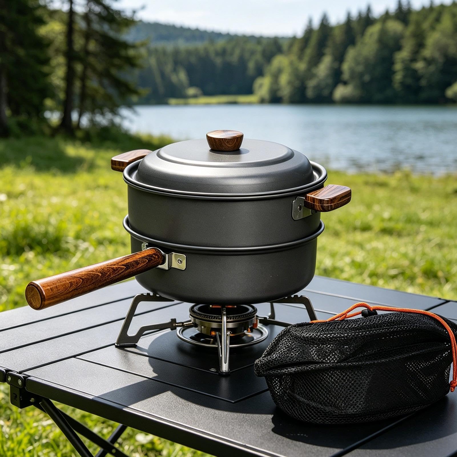 Ollas para Camping Doble Capa Con Mango De Madera Portátil