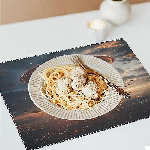 Miniatura 6 de Laminated Alienes Invasion Flying Saucer Spaceship Placemats Set of 6 Resistant Table Mats Washable Place Mats for Dinner Party Table Decoration
