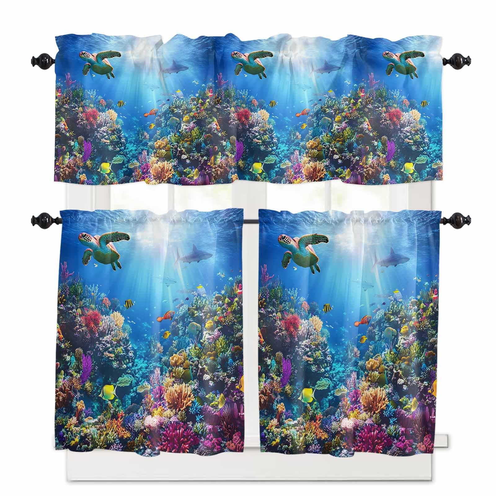 Turtle Blue Kitchen Curtains 36 Inch Length,3 Piece Rod Pocket Small Half Tiers and Valance Set,Ocean Coral Shark Fish Underwater Scenery Small Large Window Treatment Decor for Bedroom/Bathroom Sink