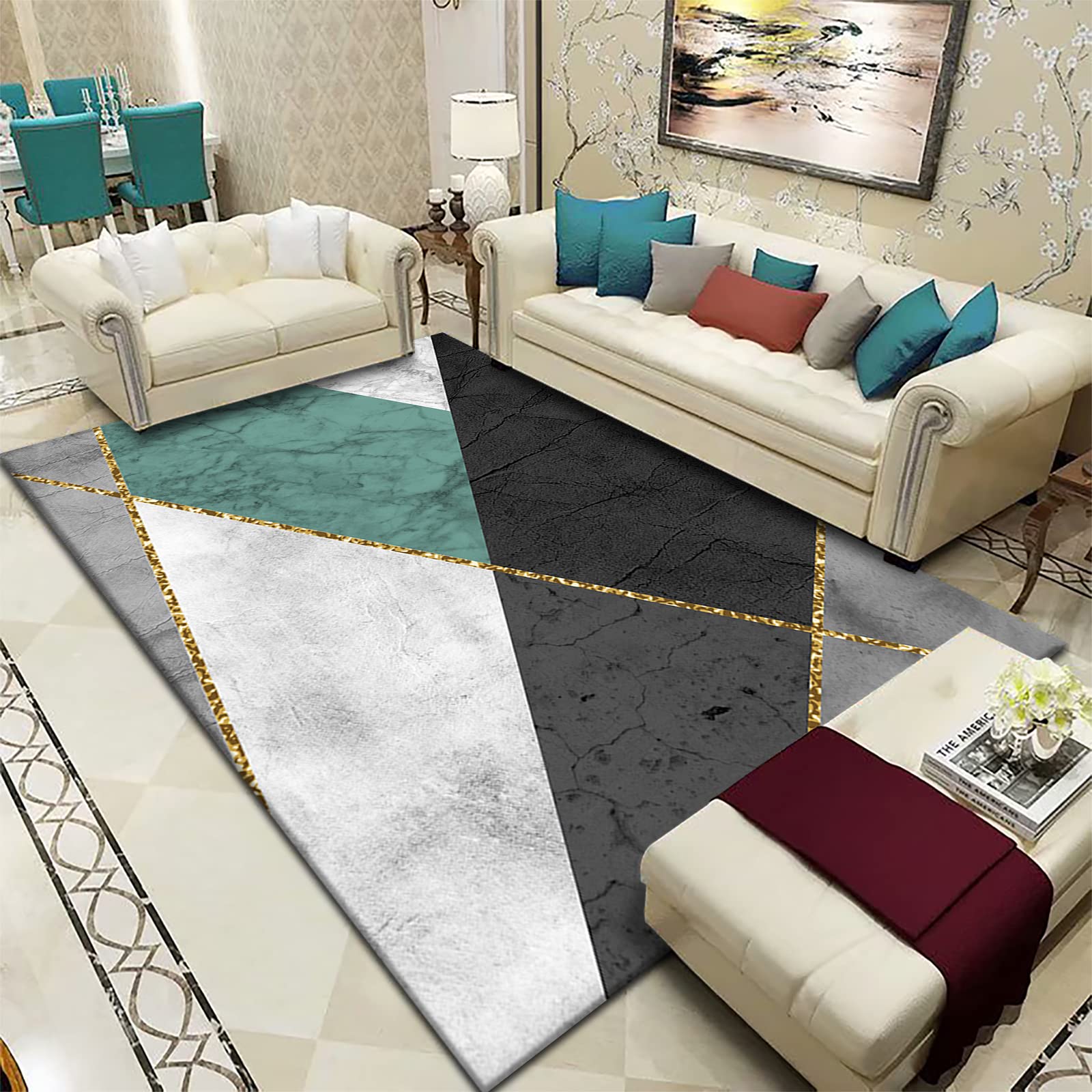 Tapis antidérapant sécurité totale et douceur poils longs motif géométrique