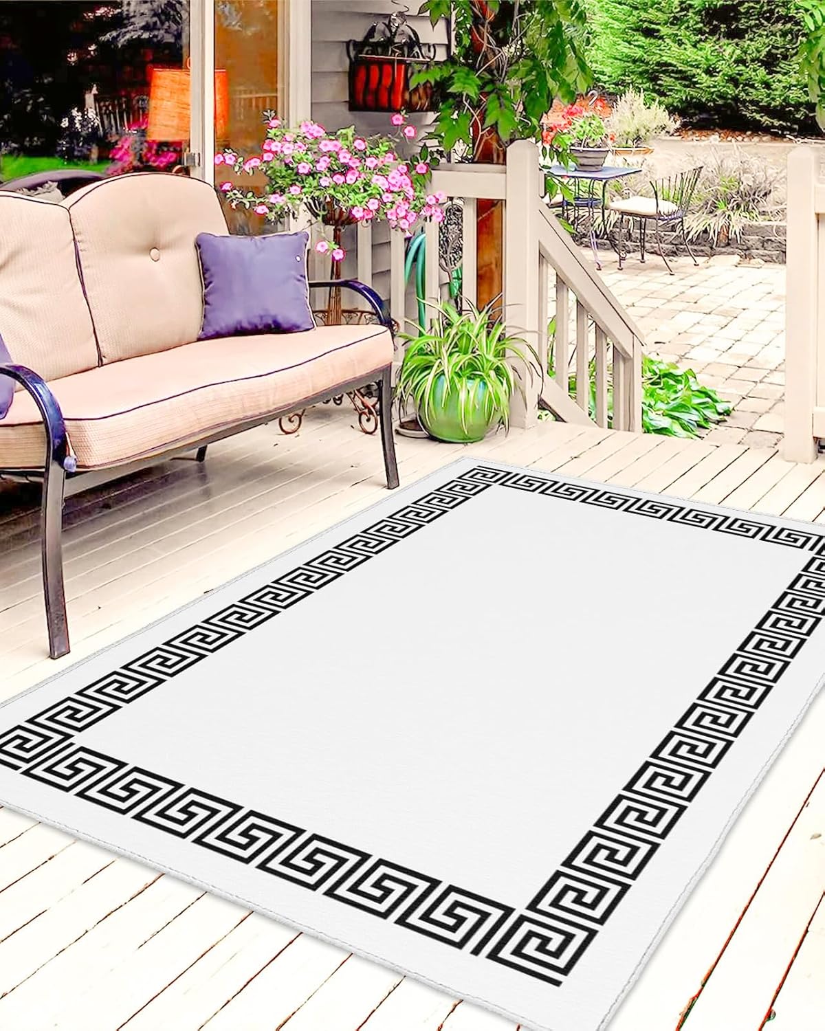 Outdoor Rug 4x6 ft Greek Key Design Outdoor Large Area Rug Non Slip Rubber Geometric Black White Washable Front Door Mat RV Rug Camping Carpet Patio Outdoor Rugs for Backyard Balcony Deck Porch Indoor