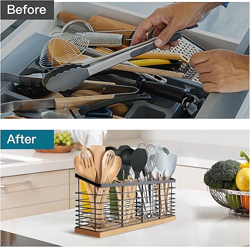 Miniatura 3 de Suli Soporte de utensilios de cocina extra grande con 4 compartimentos, soporte de metal negro mate con base de madera para encimera de cocina,