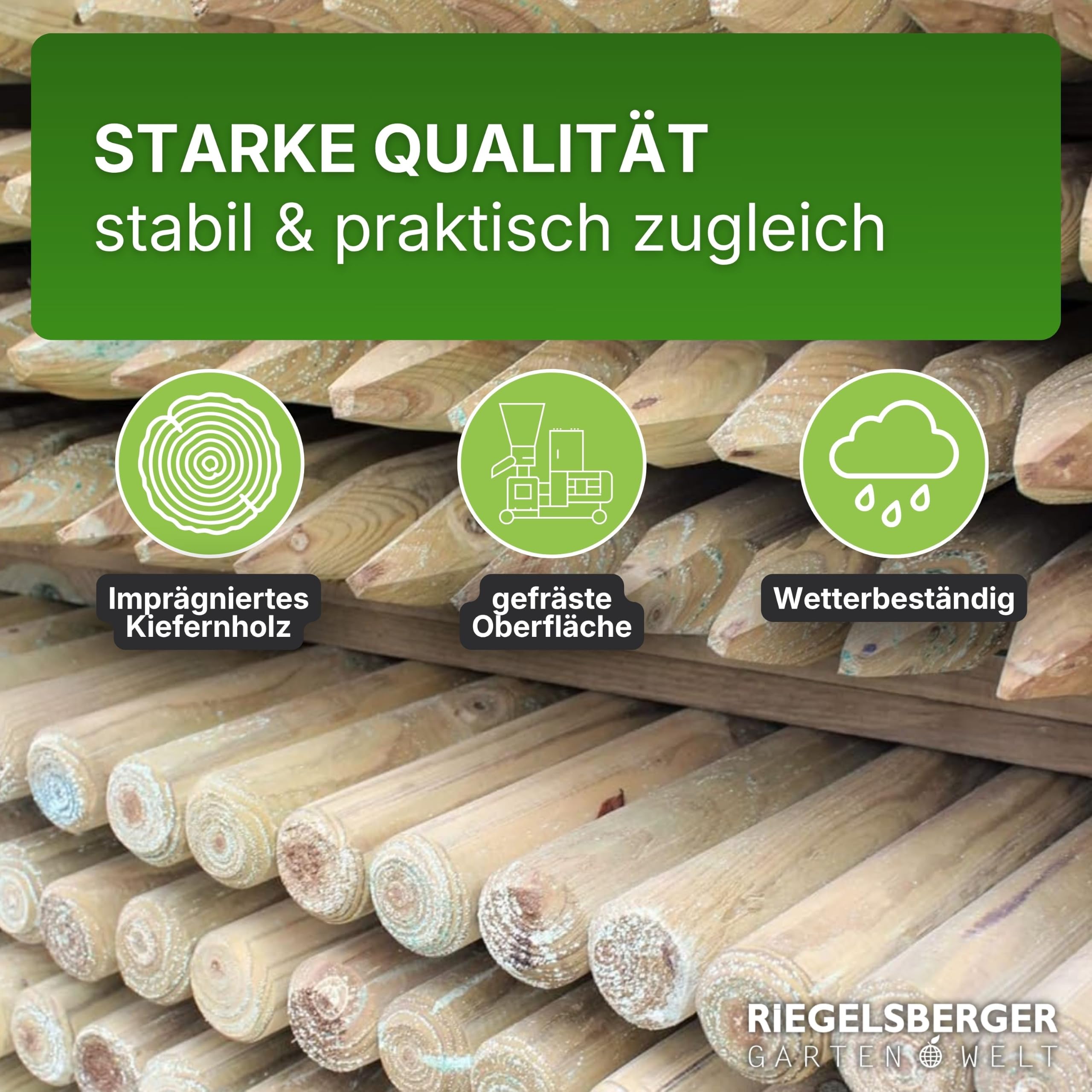 Gartenwelt Riegelsberger Holzpfahl Kiefer KDI Ø 6 x 175 cm 10 Stück | Imprägniert, gefräst & gespitzt | Pflanzpfahl, Rankstab & Rankhilfe für Tomaten, Gurken und Kletterpflanzen