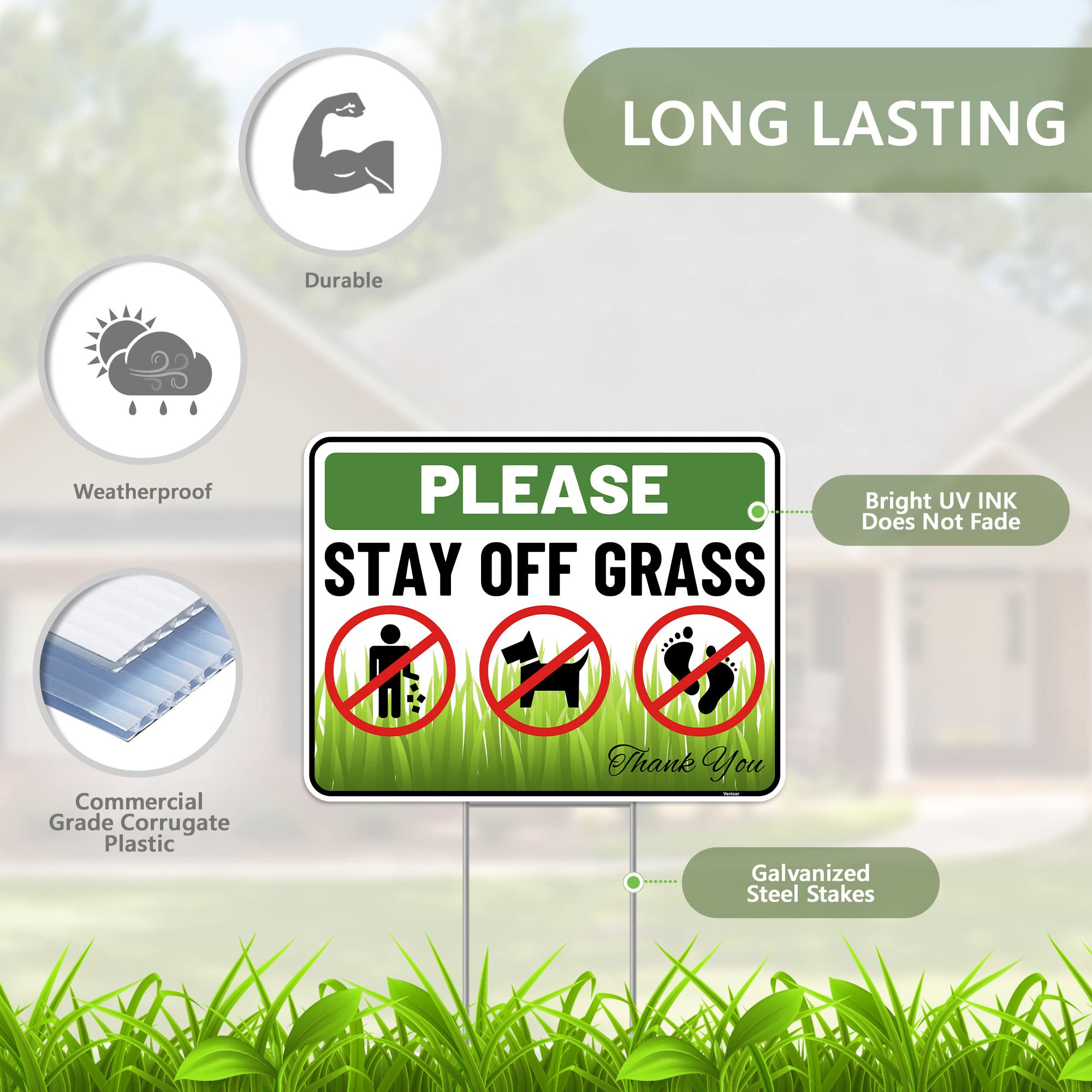 2PC Stay Off Grass Sign with Stake, 17 Inches by 13 Inches - Corrugated Plastic - Keep Off Dont Walk On Grass - No Dog Pooping Peeing Curb Your Dog Sign