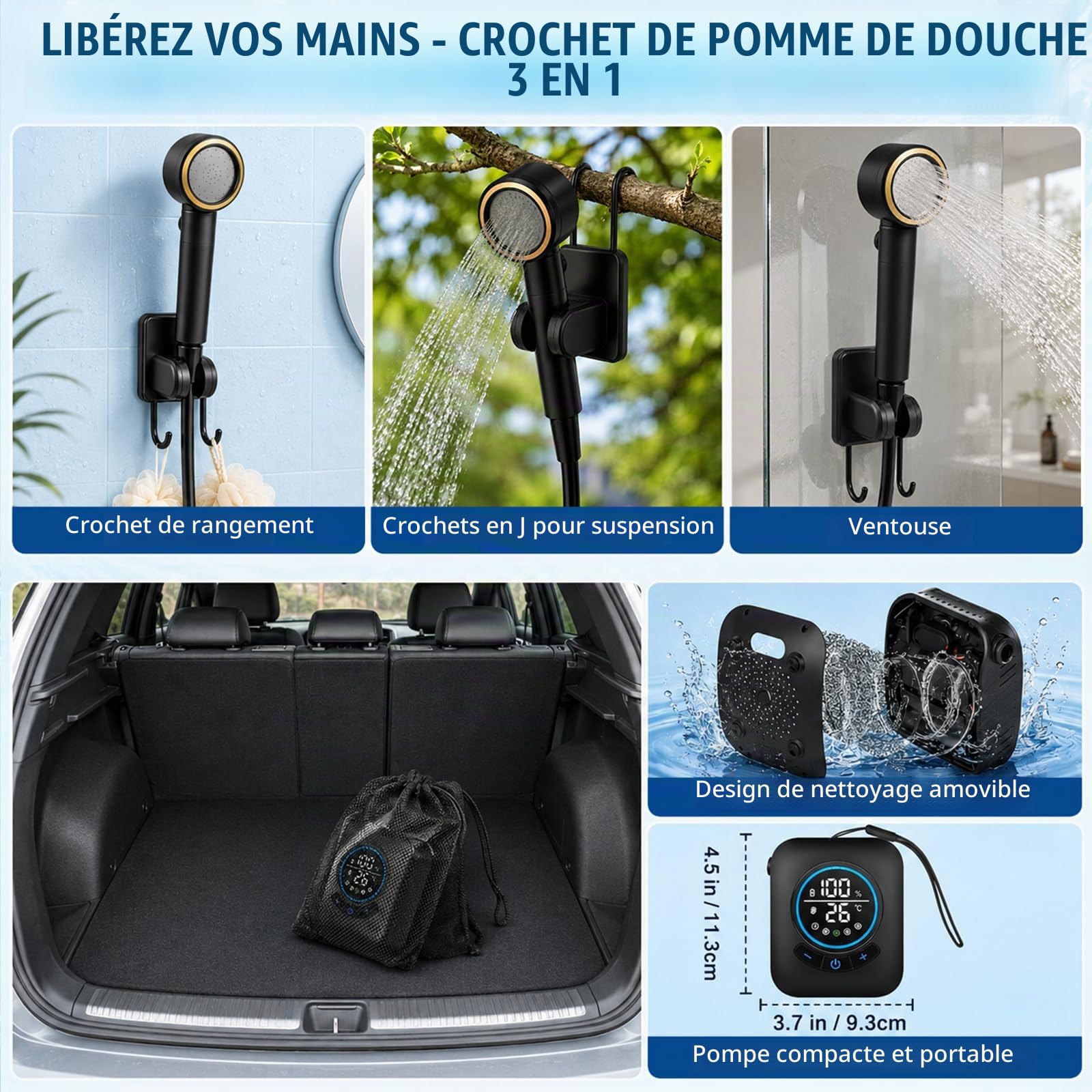 Douche Camping avec Pompe et Seau Pliable 20L Camping Douche Portable 8000mAh Pompe de Douche Rechargeable avec Affichage Numérique, Pommeau de Douche Réglable Pomme de Douche 4 Modes pour Extérieure