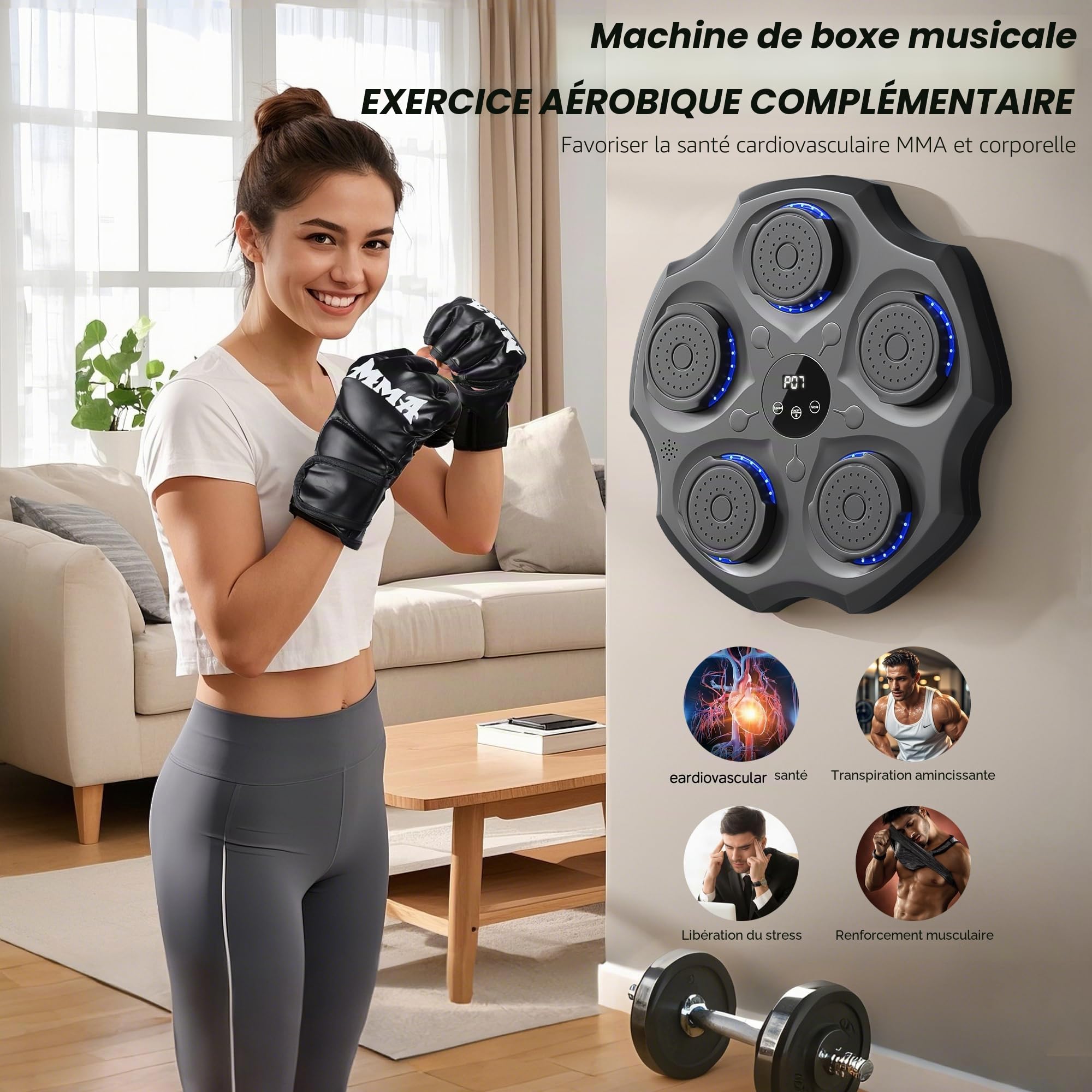 Machine de Boxe Mural Musique - Music Boxing Machine Adulte Punching Ball, Beatpunch de Sac de Frappe Jeu Musicale Cible, 9 Modes, Vitesse, Bluetooth avec MMA Gants, Gym Sports Stress Training Kits