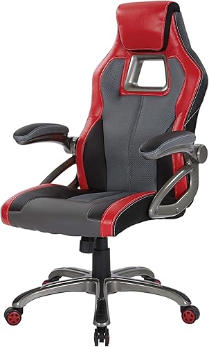 Miniatura 11 de OSP Home Furnishings Race Car - Silla ajustable para juegos, cuero consolidado gris carbón con detalles rojos