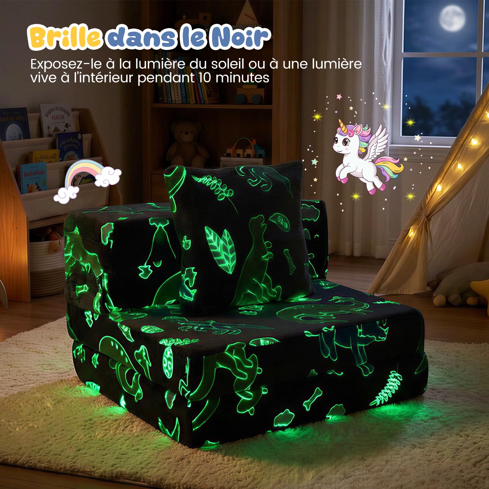 COSTWAY Canapé-lit Enfant Brillant dans Le Noir avec Motif Dinosaure & Oreiller, Matelas de Sol Pliable en Flanelle avec Housse Lavable en Machine, Canapé Modulaire pour Chambre Salle de Jeux (Gris)