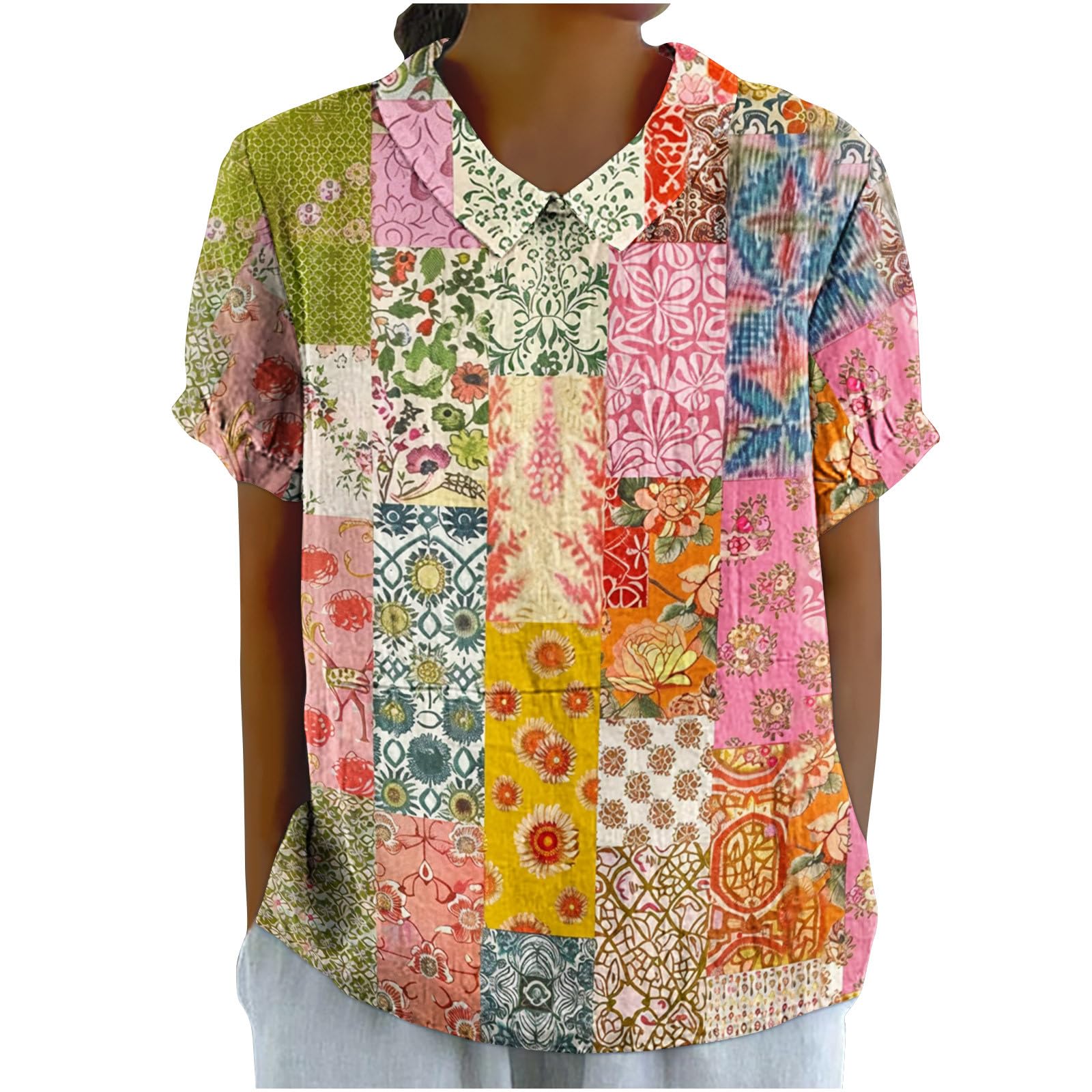 Tunique Femme Vintage Coton et Lin Blouse Imprimé Fleurs T-Shirt Col Claudine Chemisier Été Hauts à Manches Courtes Grande Taille Revers Chemise Léger et Respirant Blouse