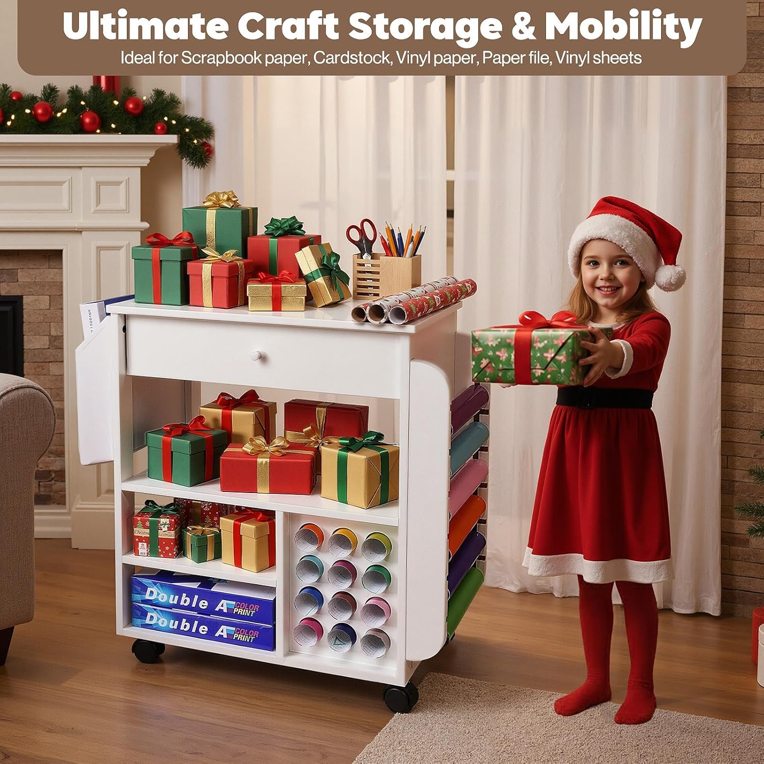 Pochar Craft Organization and Storage Cart Compatible with Cricut Machines, Craft Rolling Storage Organizer with 18 Vinyl Roll Holder and Drawer, Rolling Craft Table for Cricut Craft Workstation