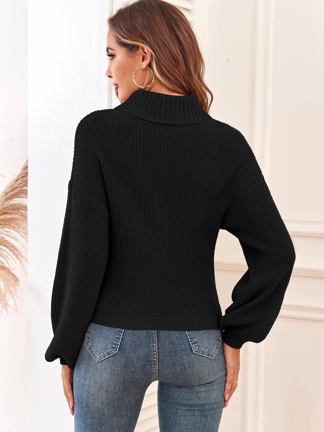 ZAFUL Women's Cropped Turtleneck Sweater Lantern Sleeve Ribbed Knit Pullover Sweater Jumper - Image 3