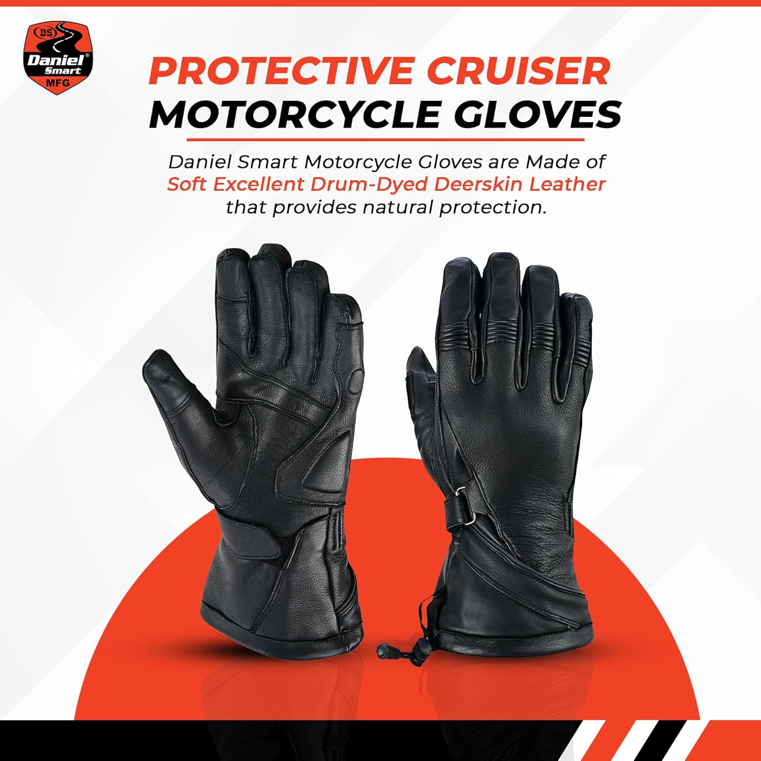 Daniel Smart Deerskin Leather Gloves - Protective Cruiser Motorcycle Gloves with Adjustable Wrist Strap (Small) Black