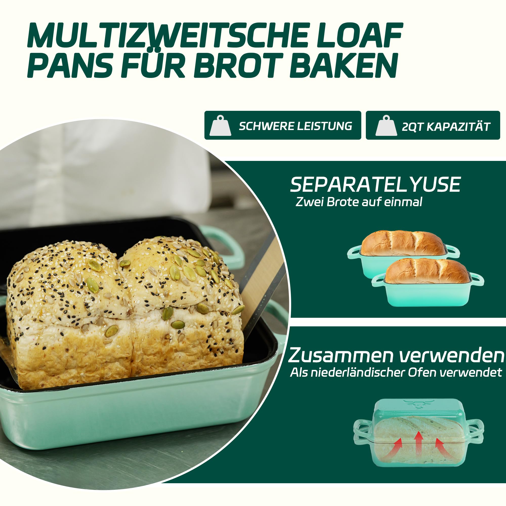 Brotbackform aus Gusseisen mit Deckel, Gusseisen Topf Brot Backen mit 2 Brotmatten Silikon, Emaille Brotbackform für Sauerteig, Robuste Brotbackformen zum Brotbacken im Ofen,Formen für Brotlaibe(BLUE)