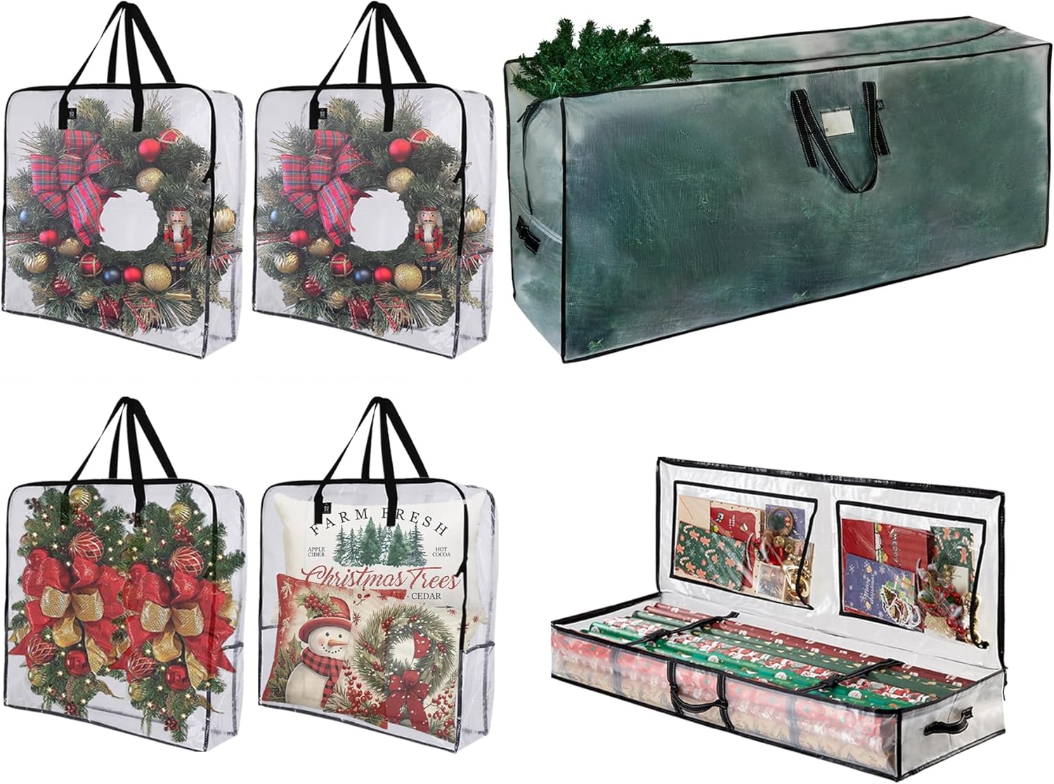 VENO 6 Pack Christmas Wreath, Tree and Wrapping Paper Storage Bags (4 Pack Multi-Use Wreath Bags, 1 Pack 9 ft Tree Storage, 1 Pack Gift Wrapping Paper Storage)