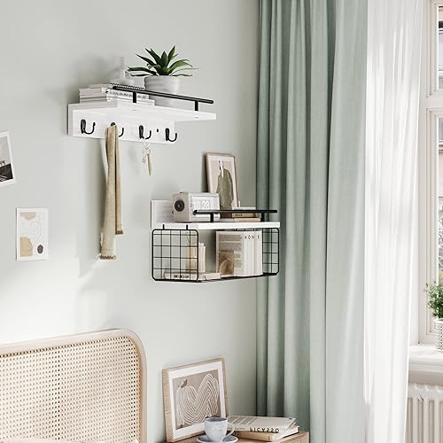 Miniatura 6 de Amada - Estantes de pared negros con ganchos, estantes flotantes de madera natural de 3 niveles montados en la pared, estante de pared de baño sobre