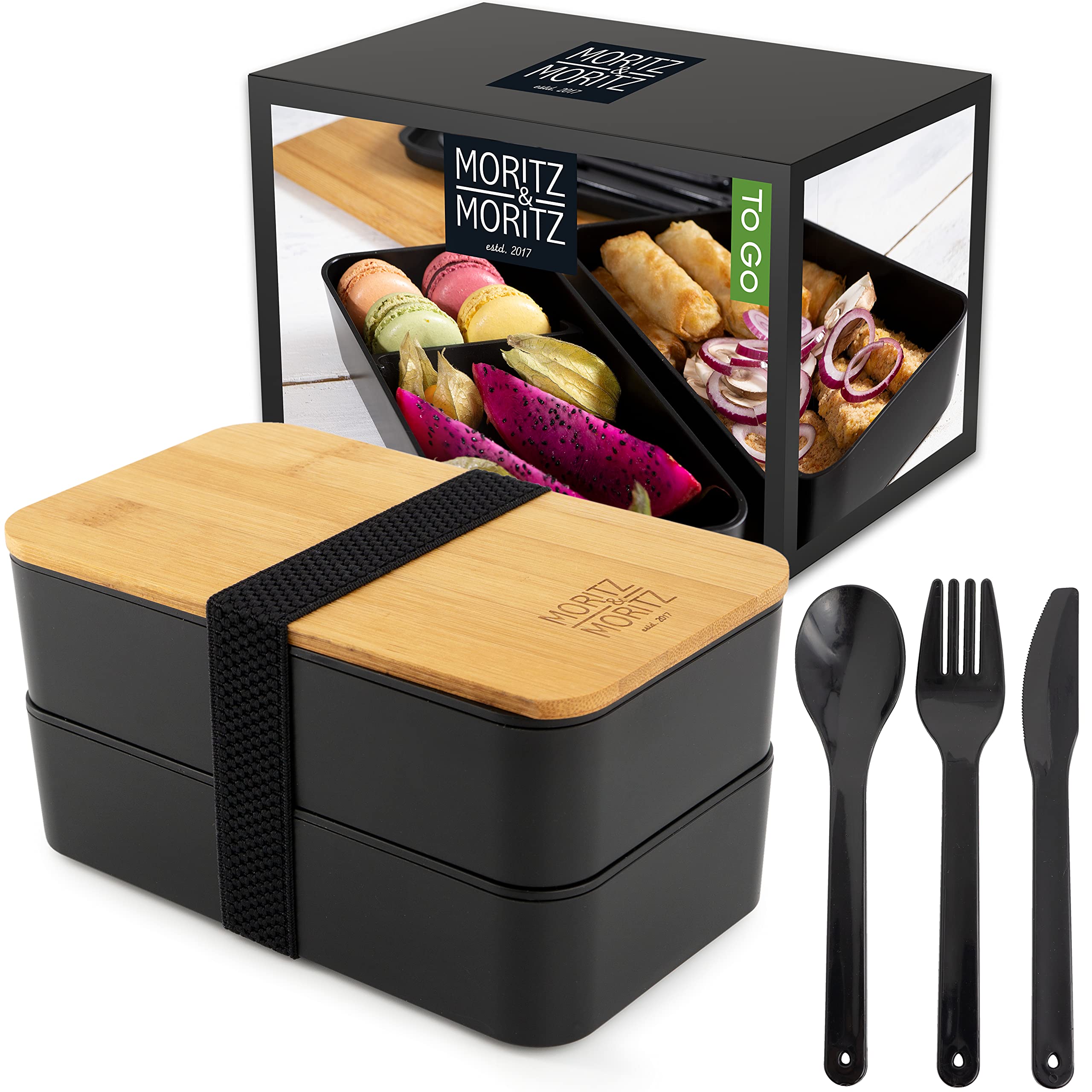 Moritz & Moritz Japanese Bento Box - Perfect Black Lunch Box for Adults and Kids - Bread Box with Compartments - Ideal for Work, School and Travel