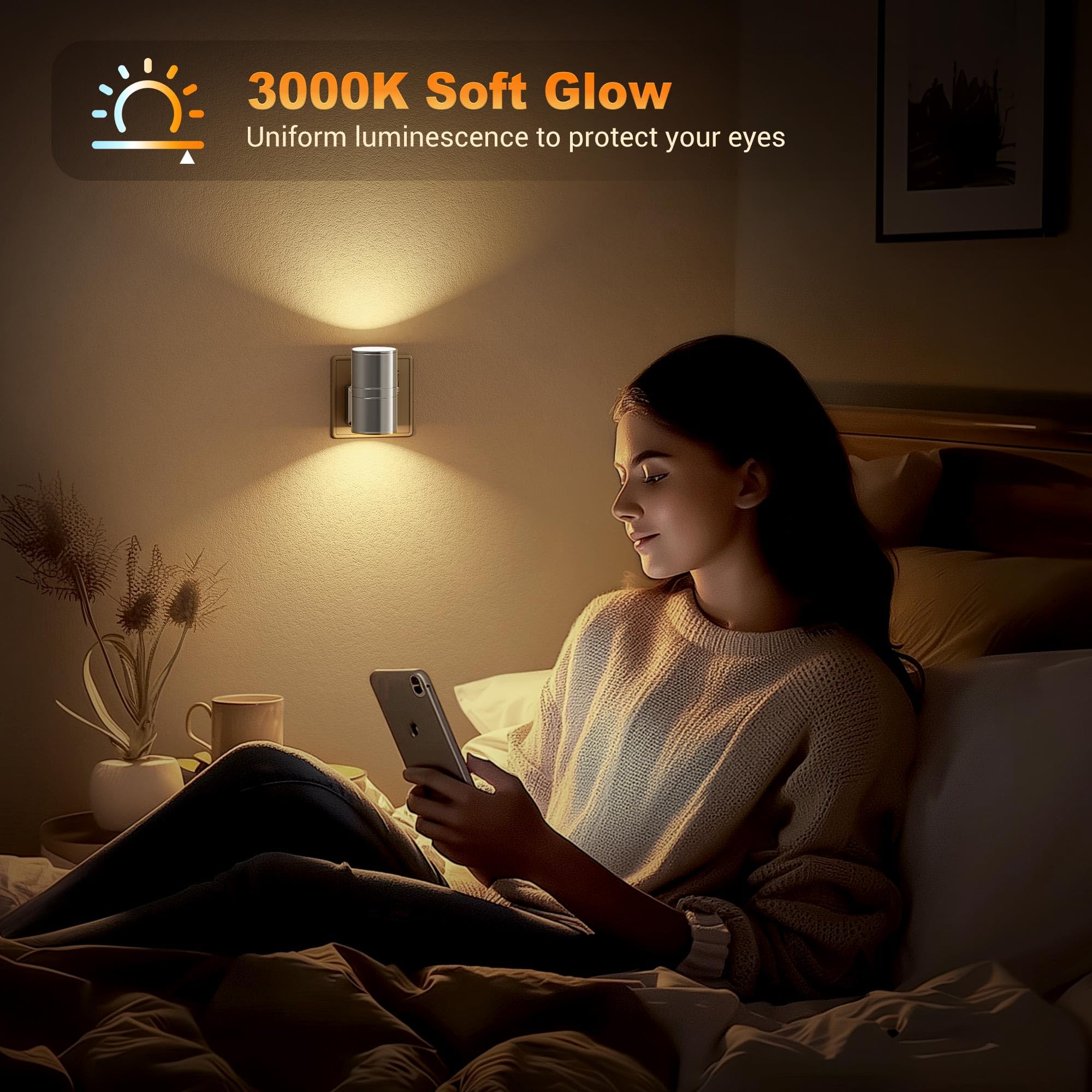 JandCase Night Light, Night Light Plug in Wall, Dusk to Dawn Sensor, Dimmable Nightlight 0-100LM, 3000K Warm White - Image 2