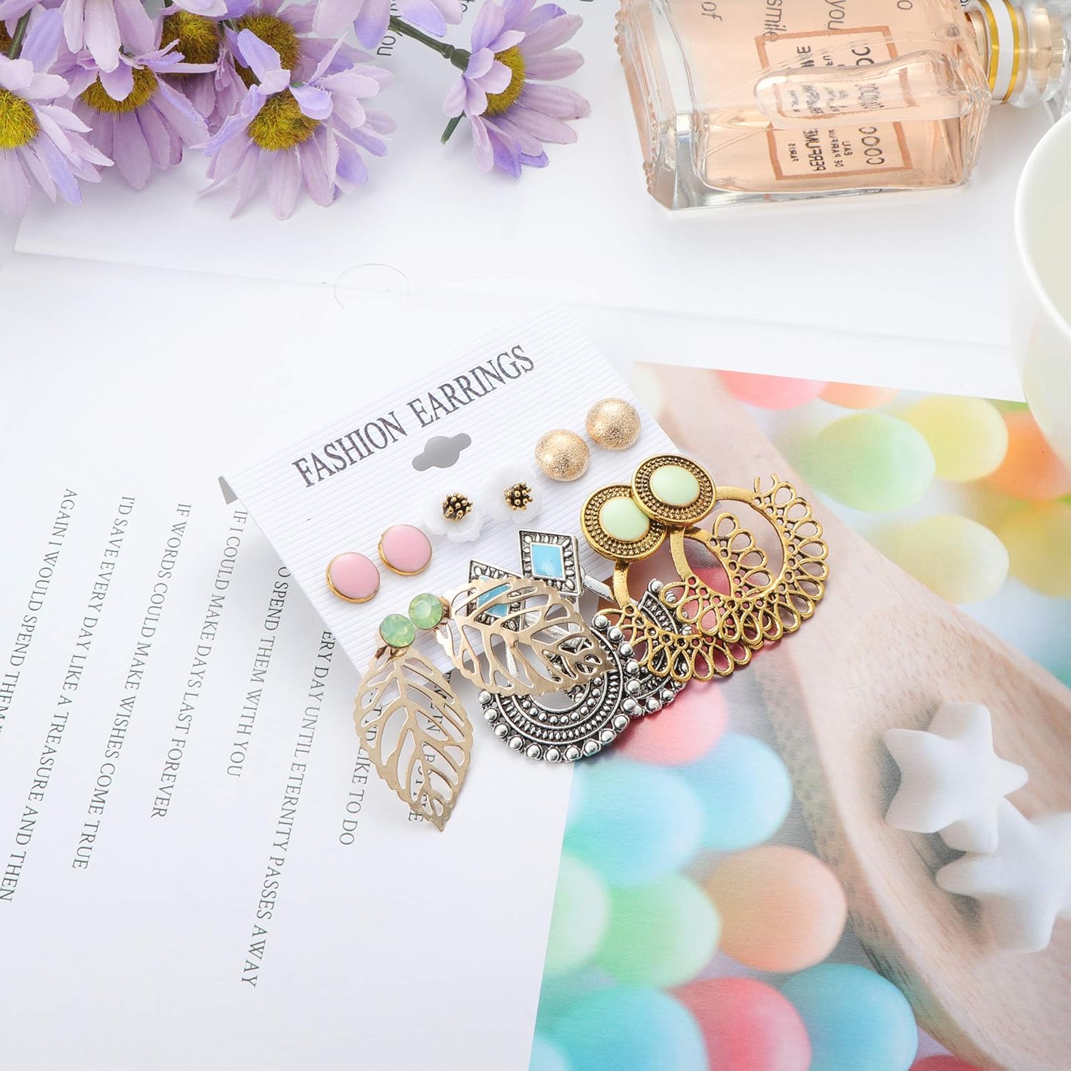 LOYALLOOK 61-63 Pairs Assorted Multiple Stud Earrings for Women Simple Cute Flower Big Hoop Earrings Moon Geometric Leaf Arrow Bow CZ Ball Heart Faux Pearl Earrings Set - Image 6