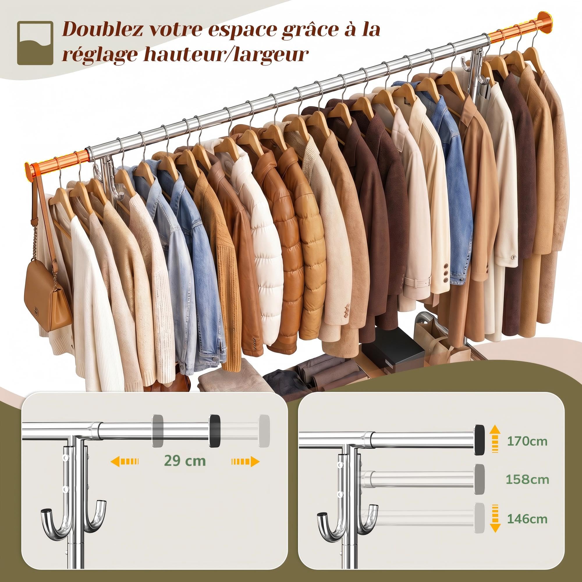 131–189cm Extensible Portant Vetement Solide à Roulettes, Argenté | 140KG Capacité de Charge, 146-170cm réglable en hauteur, Portant a Vetements Convient pour Manteaux,Vestes d'hiver,Chemises