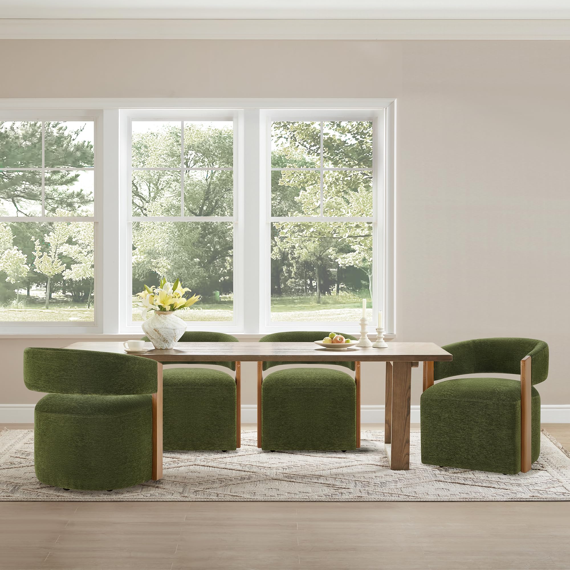 KISLOT Upholstered Dining Chairs Set of 4, Barrel Modern Dining Room Chairs with Casters, Kitchen Side Wooden Armchair with Fabric Cushion Seat for