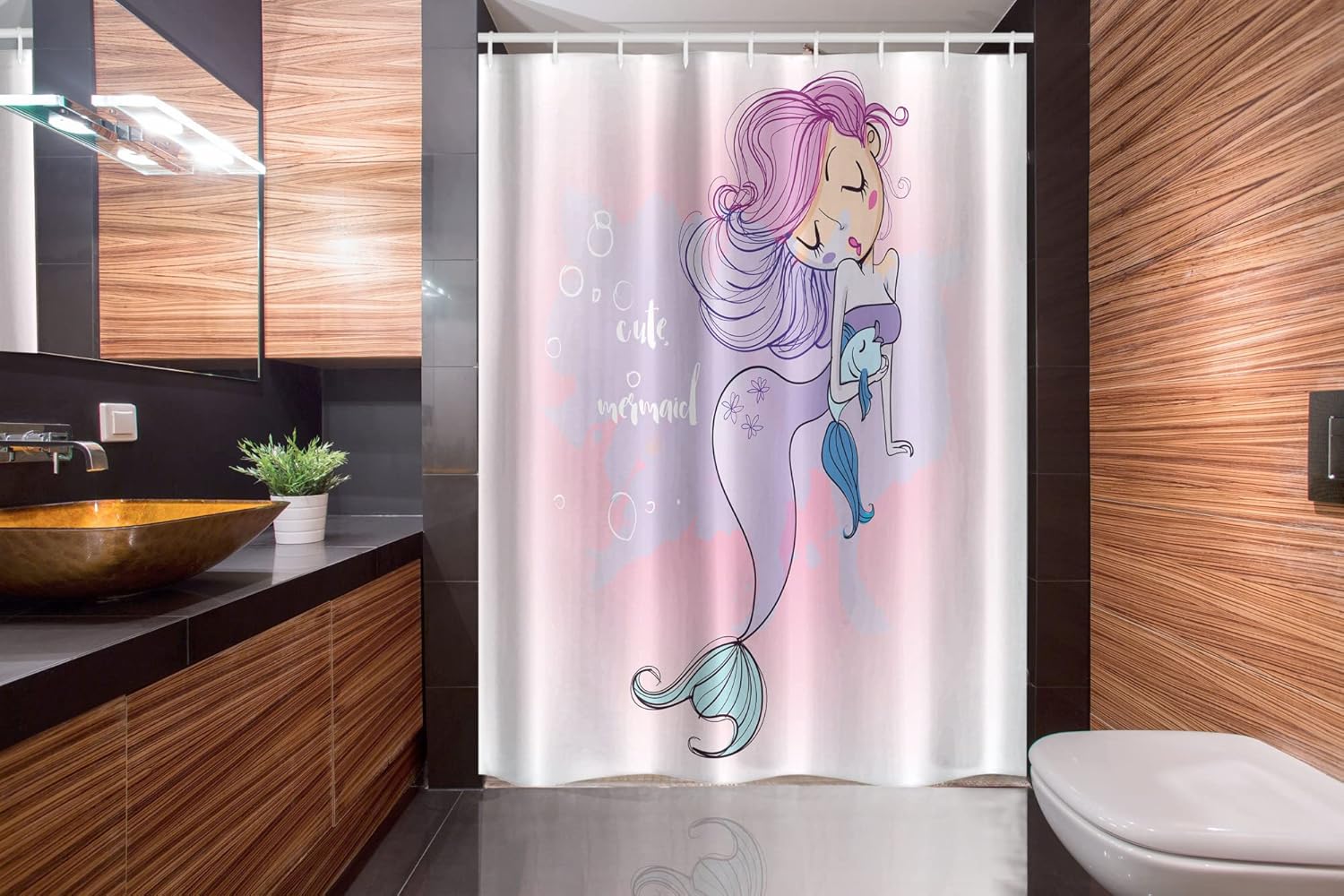 Ambesonne Underwater Stall Shower Curtain, Cartoon Illustration Lettering Mermaid Smiling Glamour Beauty Print, Fabric Bathroom Decor Set with Hooks, 54" W x 78" L, Multicolor
