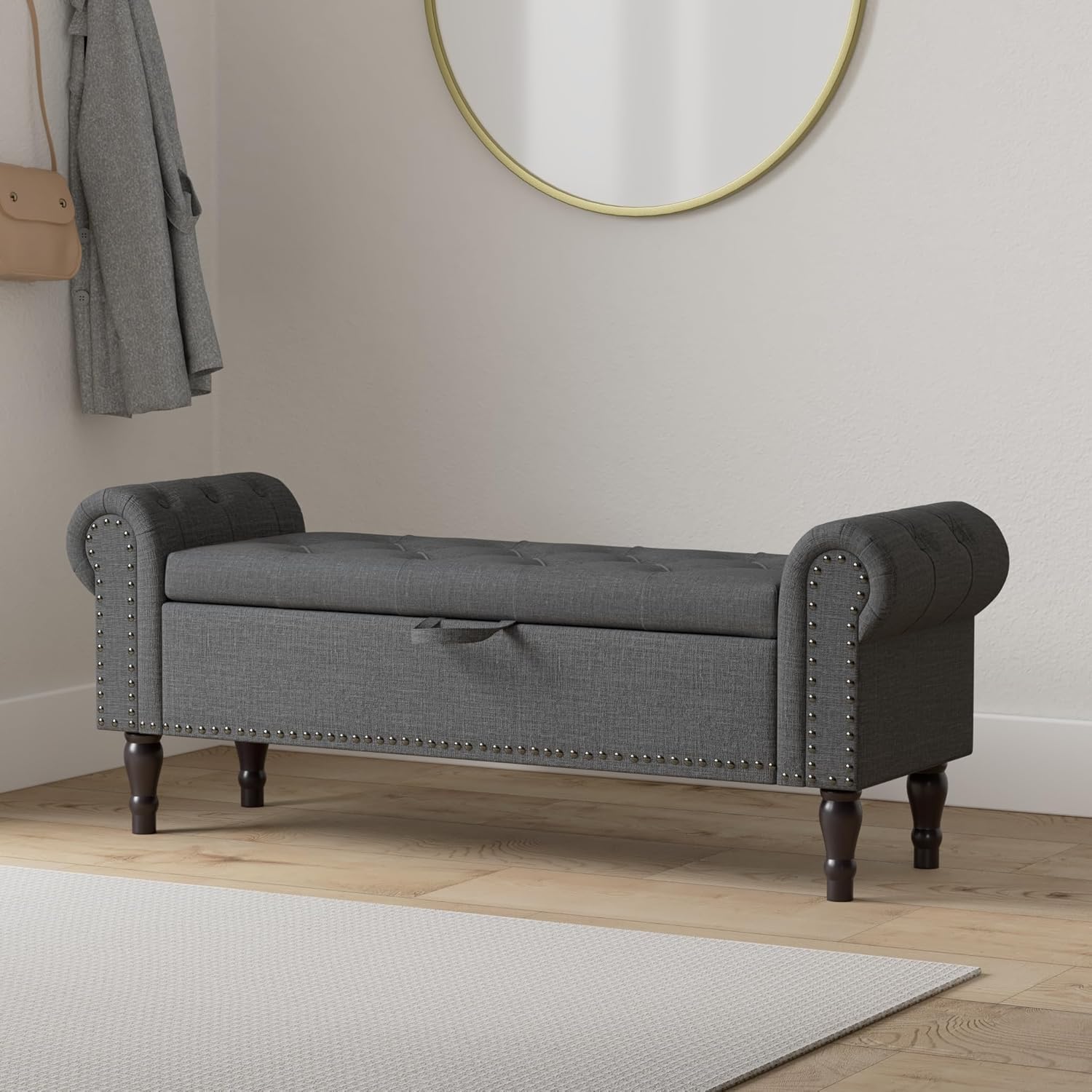 Storage Bench Ottoman, 61" Long King Linen Rolled Arm Bedroom End of Bed Bench, Window Bench with Button Tufted and Nailhead Trim for Foot of Bed Bench, Bedroom, Entryway, Living Room, Gray
