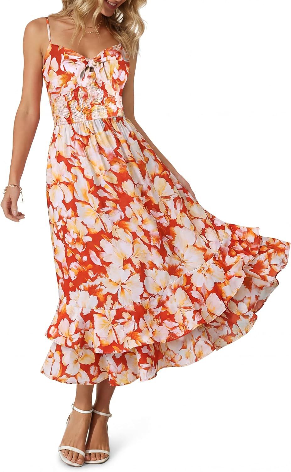 GRACE KARIN Women's Summer Floral Maxi Dress Spaghetti Strap A Line Beach Boho Dresses Ruffle Tiered Casual Dress