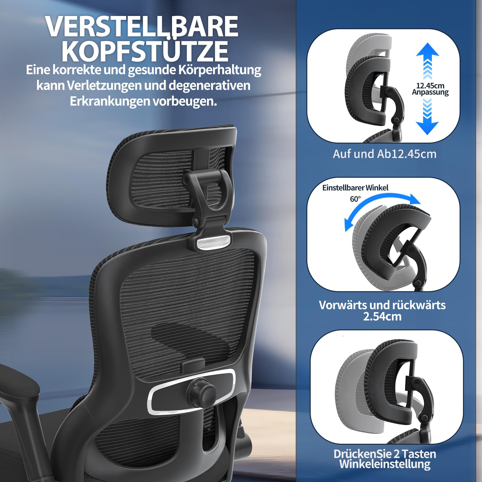 TRALT Bürostuhl Ergonomisch - Bürostuhl - Gaming Stuhl mit Verstellbare Kopfstütze Lordosenstütze Home Office Desk Chair - Schreibtischstuhl Computerstuhl für Große Menschen Mesh-Stuhl 150kg Schwarz