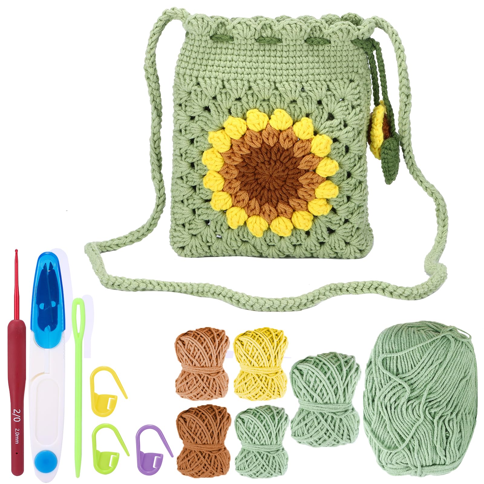 Beginner Crochet Kit,Flowers Mobile Phone Bag Crochet Kit for Beginners Sunflower Potted DIY Crochet Kits for Starters Kids and Adults